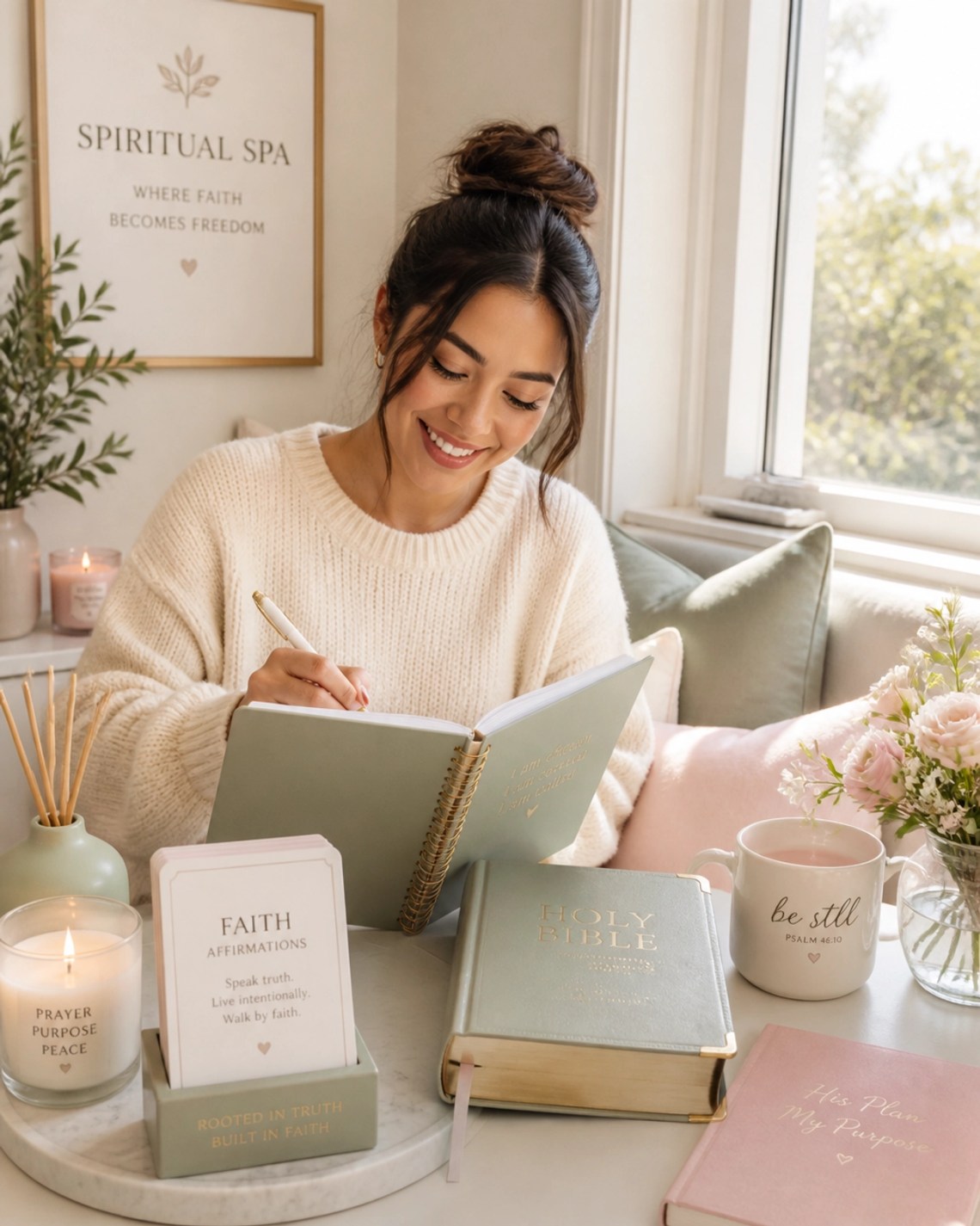 A petite woman in a cozy sweater writing in her notebook in a sunny nook