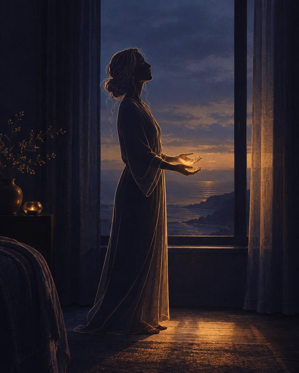 A softly silhouetted woman standing at a window at dusk with her hands open