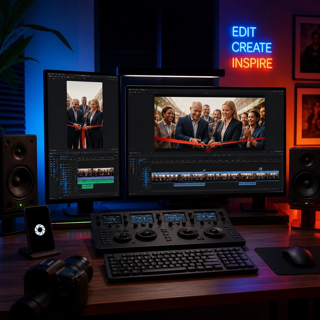 A split screen showing professional video editing for both horizontal and vertical formats