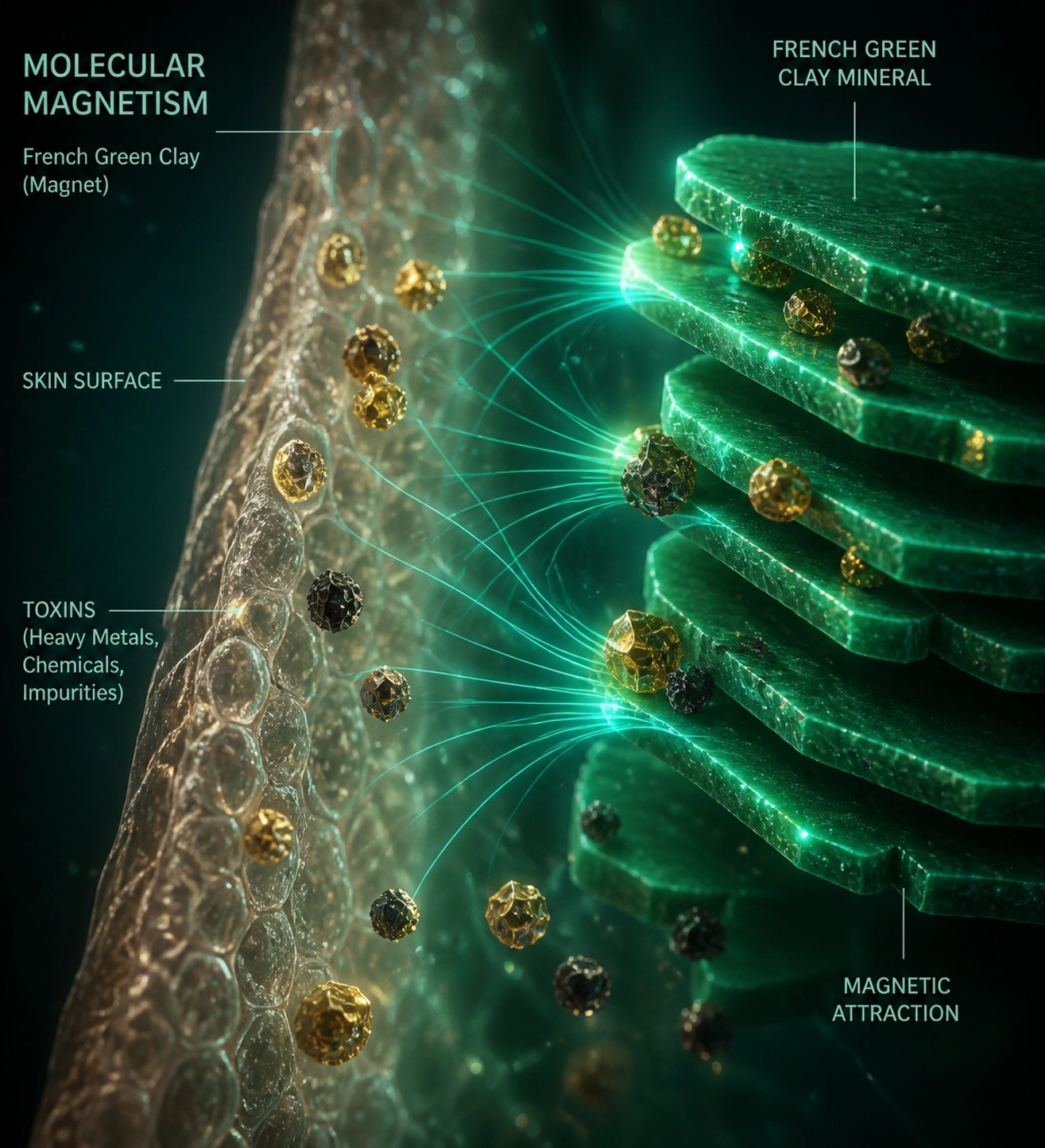 Microscopic view of French green clay minerals attracting and binding toxins from the skin surface.