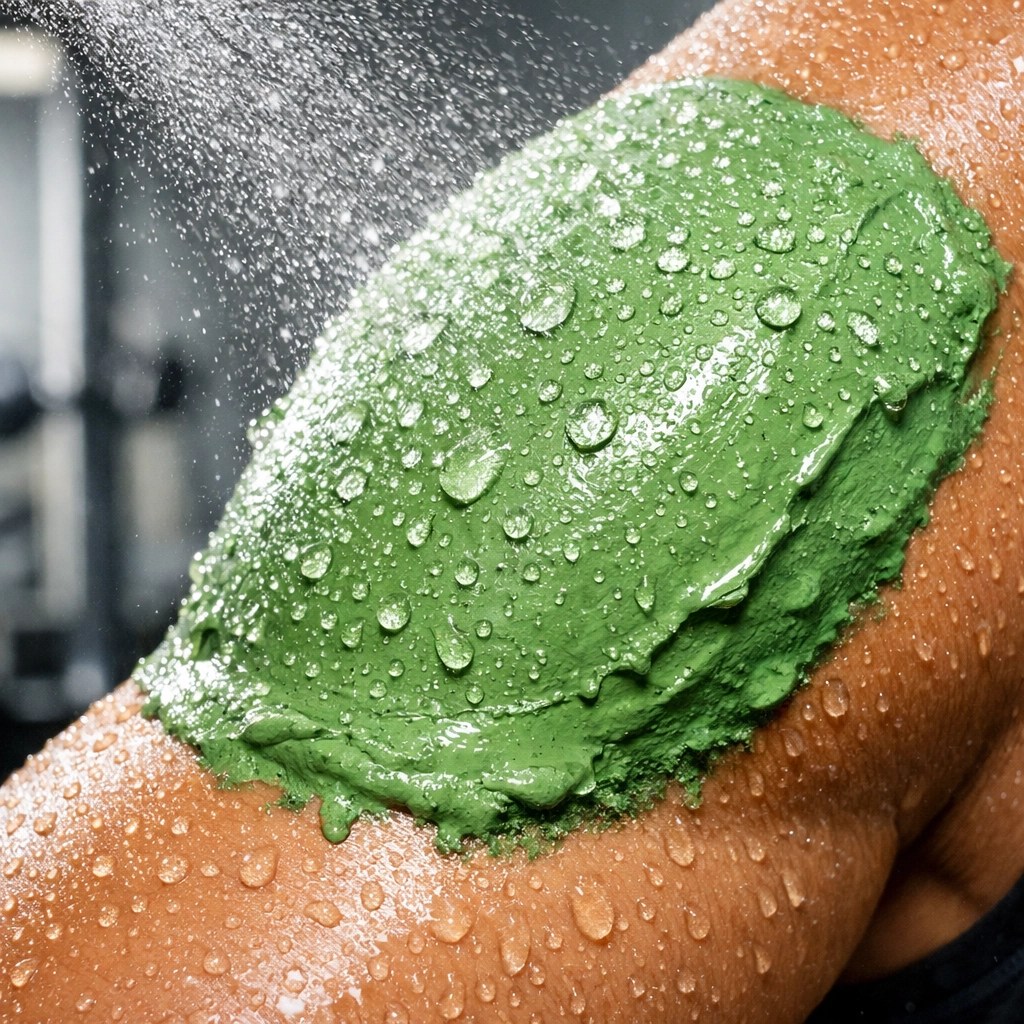 Misting green mineral clay on an athlete's arm to keep it hydrated for effective muscle recovery.