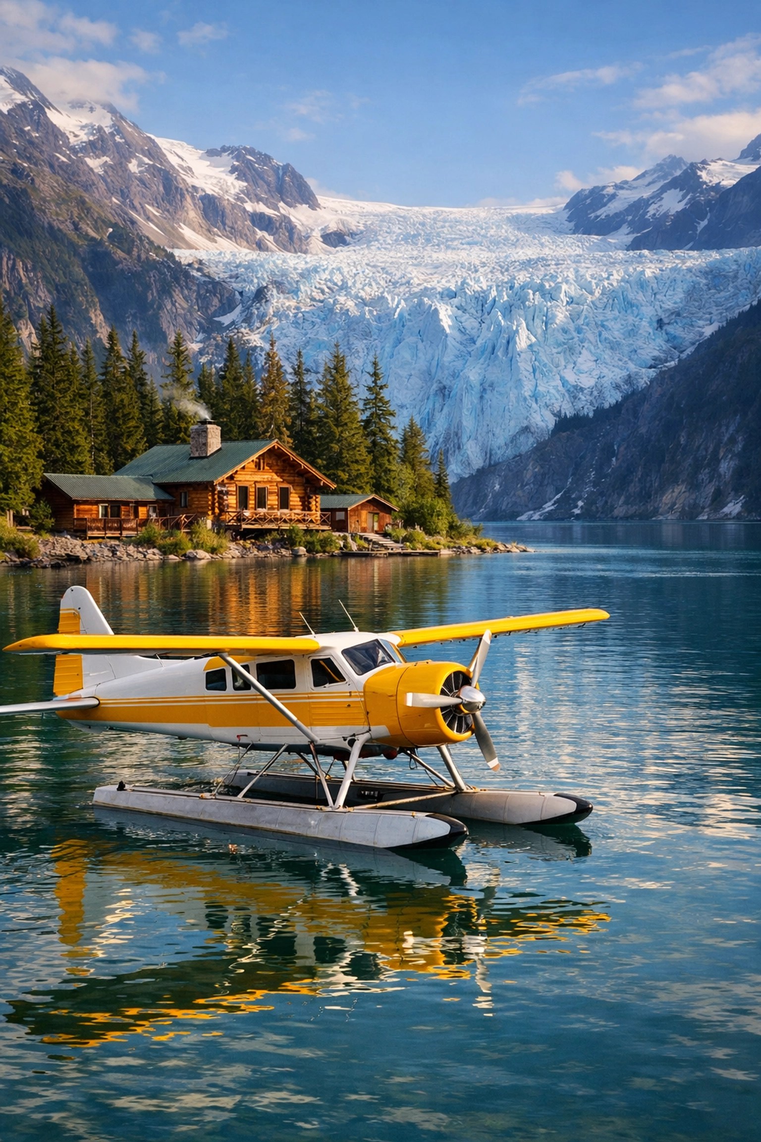 Floatplane on water near a remote Alaskan wilderness lodge and tidewater glacier.