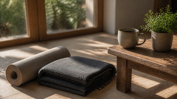 A folded blanket, rolled mat, coffee, and small herb plant in soft morning light, representing gentle movement without performance