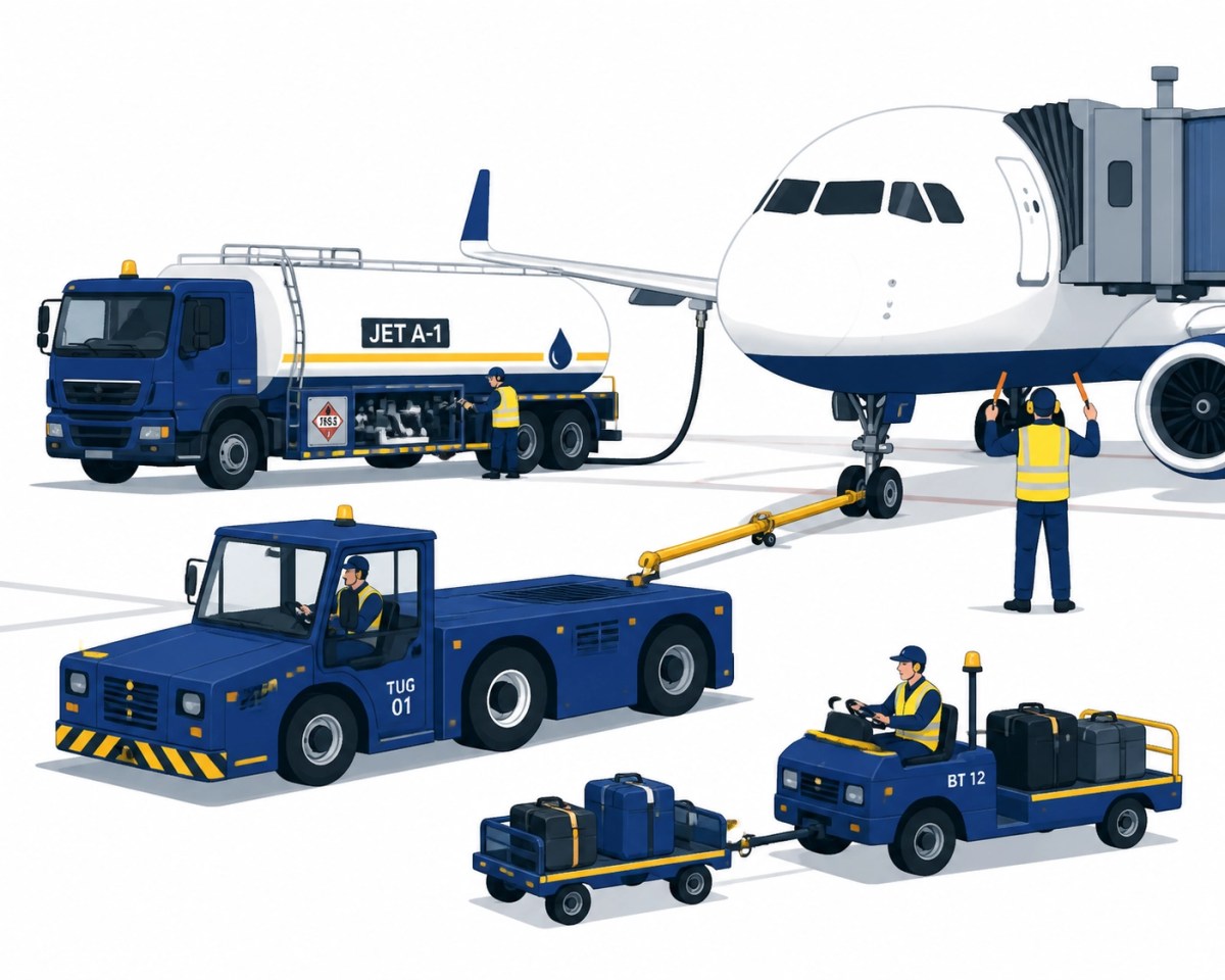 Ground support equipment and fuel trucks optimized for fast aircraft turnaround operations.