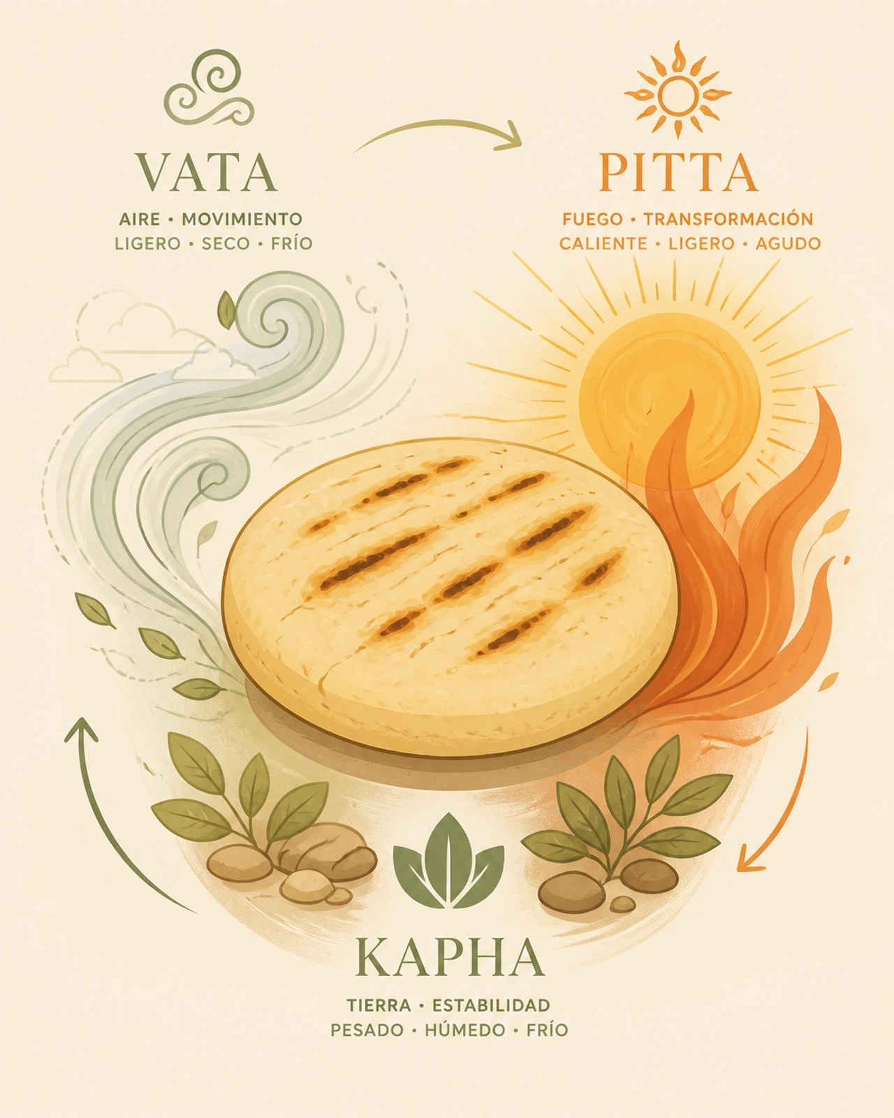 Ilustración conceptual de los tres doshas interactuando con la energía de la arepa colombiana en una paleta de colores cálidos y sofisticados.