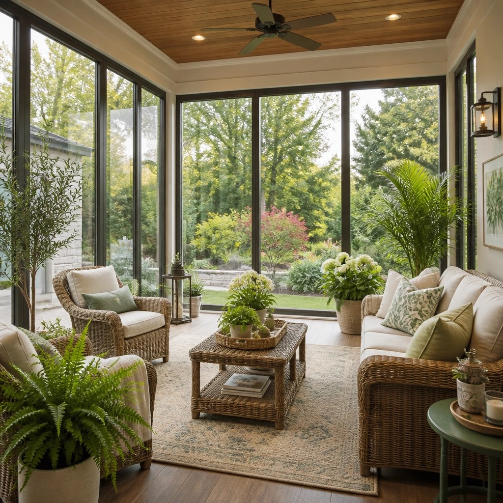 An elegant three-season room with large glass windows and comfortable sunroom furniture.