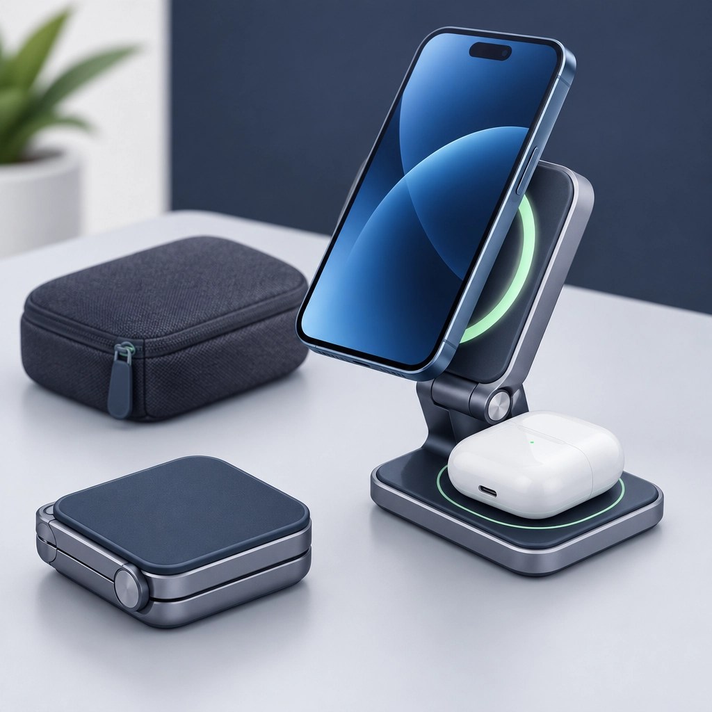 A foldable magnetic charging stand holding a phone, with a small earbud case charging beside it