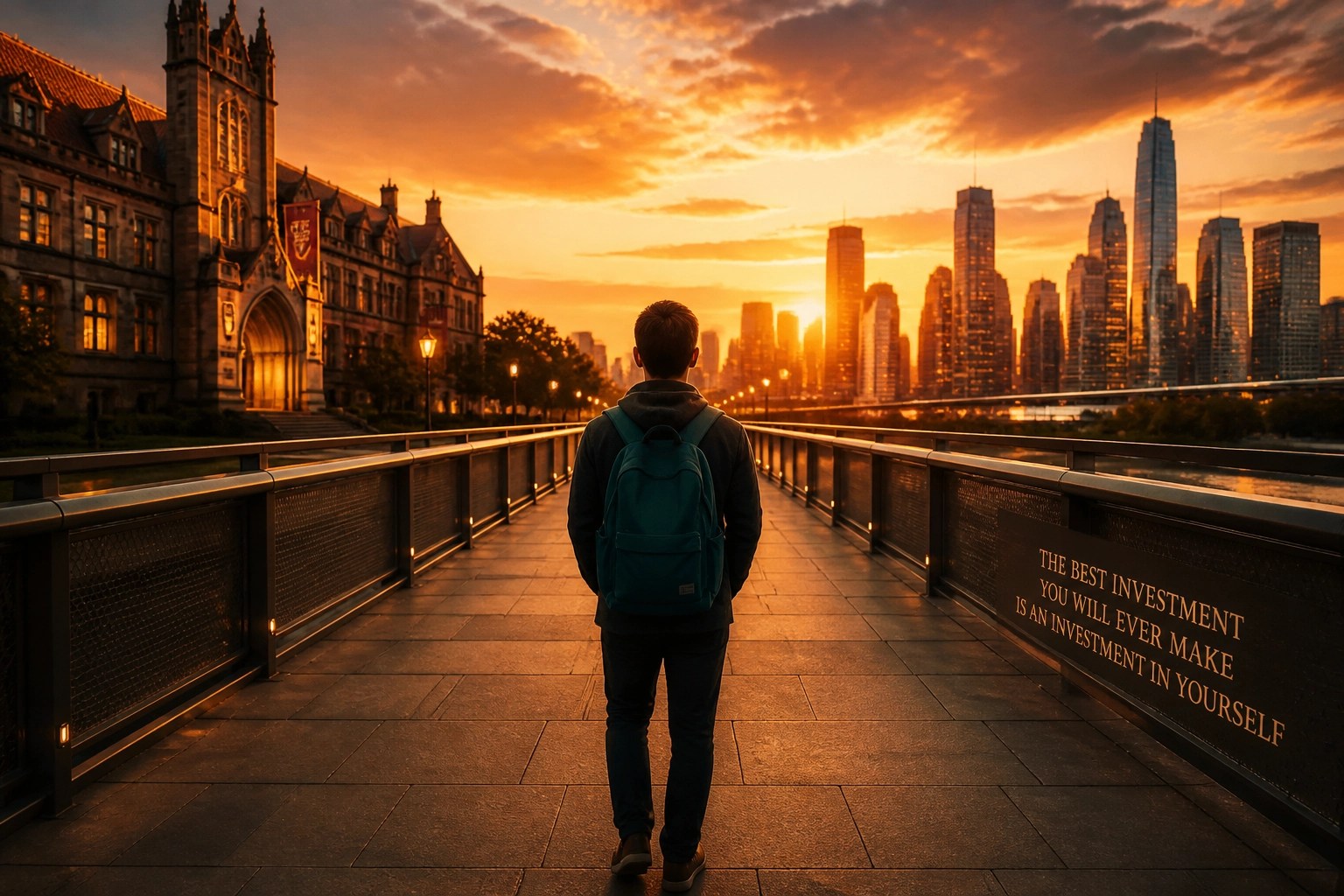 Student on a bridge looking at a city skyline, representing a career launchpad and future job market success.
