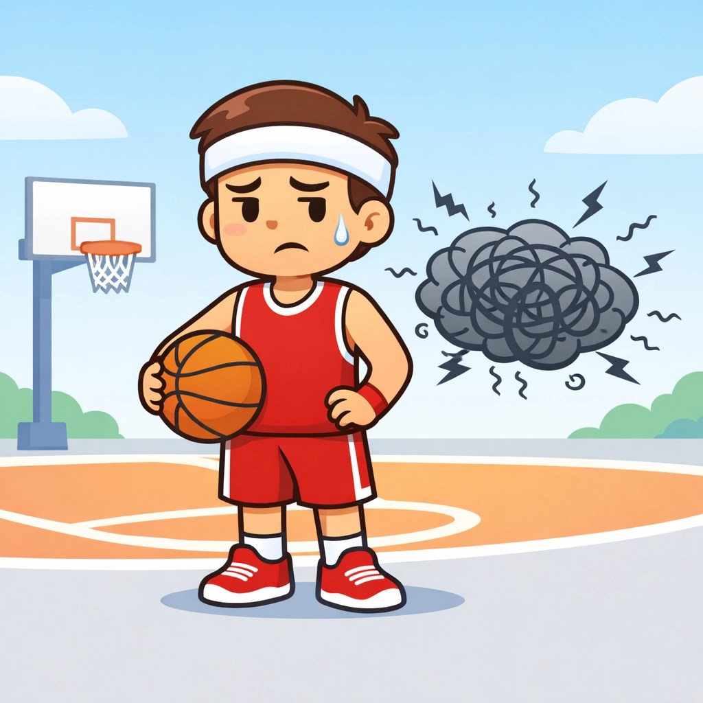 Cartoon basketball player frustrated by a cloud of harsh chemicals from a failing deodorant.