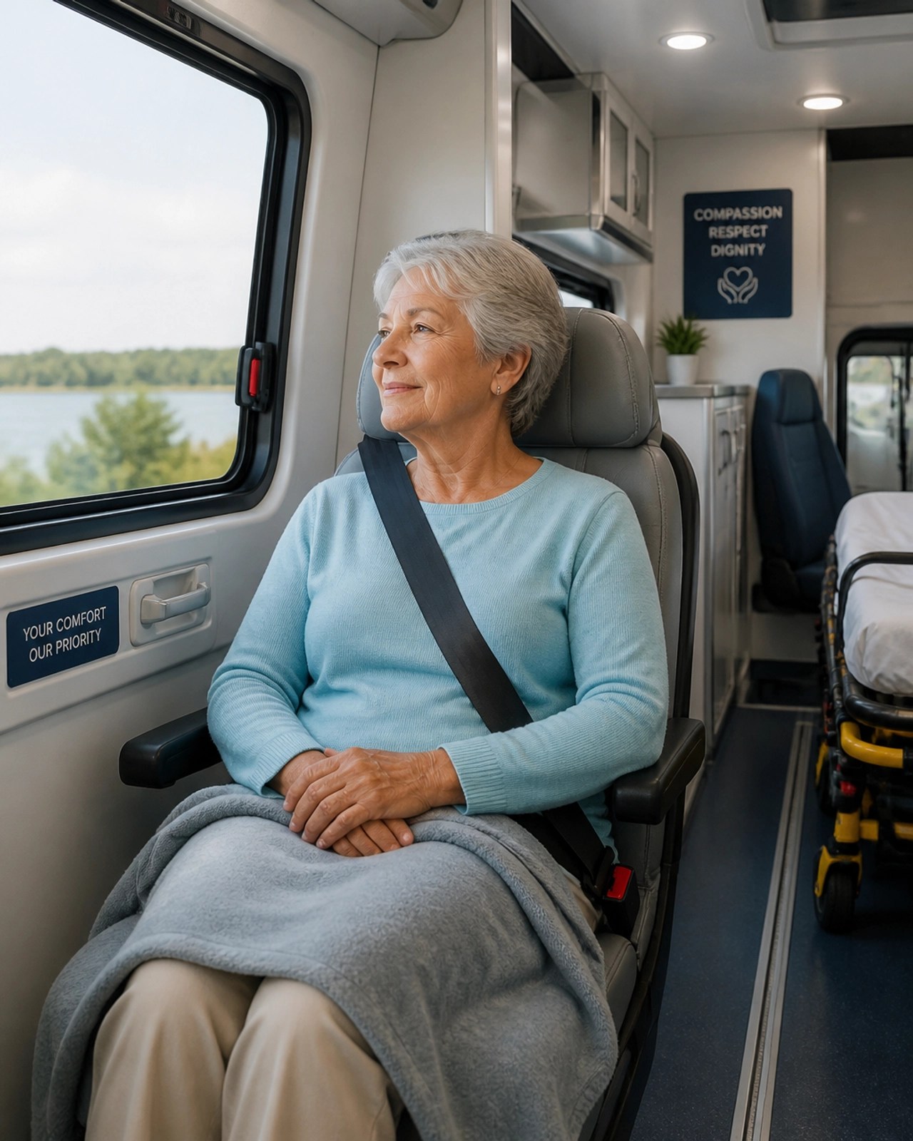 A patient looking relaxed and comfortable inside a modern medical transport vehicle.