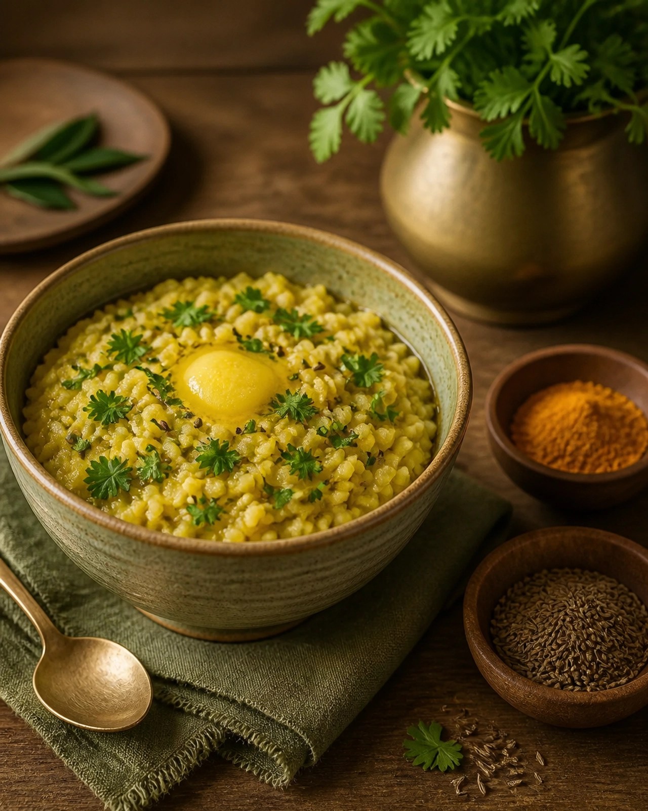 A sophisticated ceramic bowl of kitchari with turmeric and ghee, presented on a rustic wooden table under soft lighting.