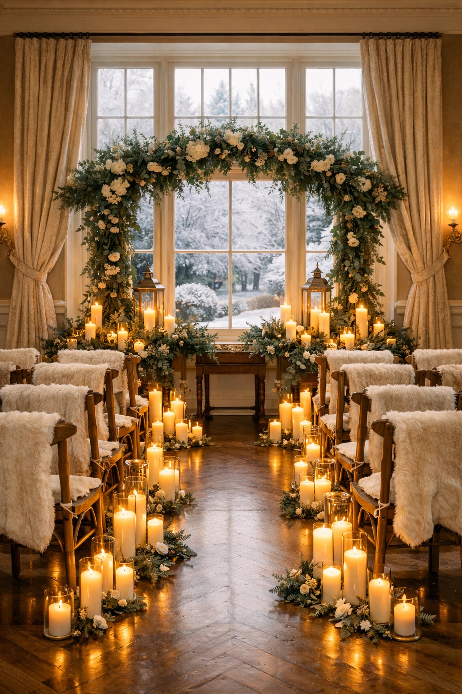 Winter wedding ceremony setup in Kent manor house with candles and seasonal décor