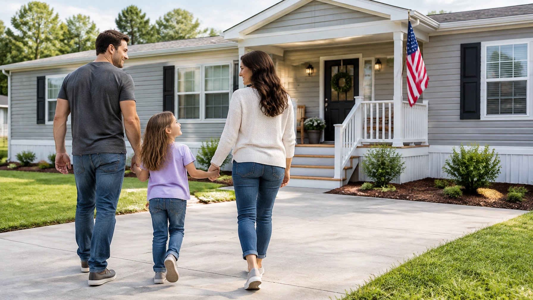 A military family walking together toward their modern manufactured home
