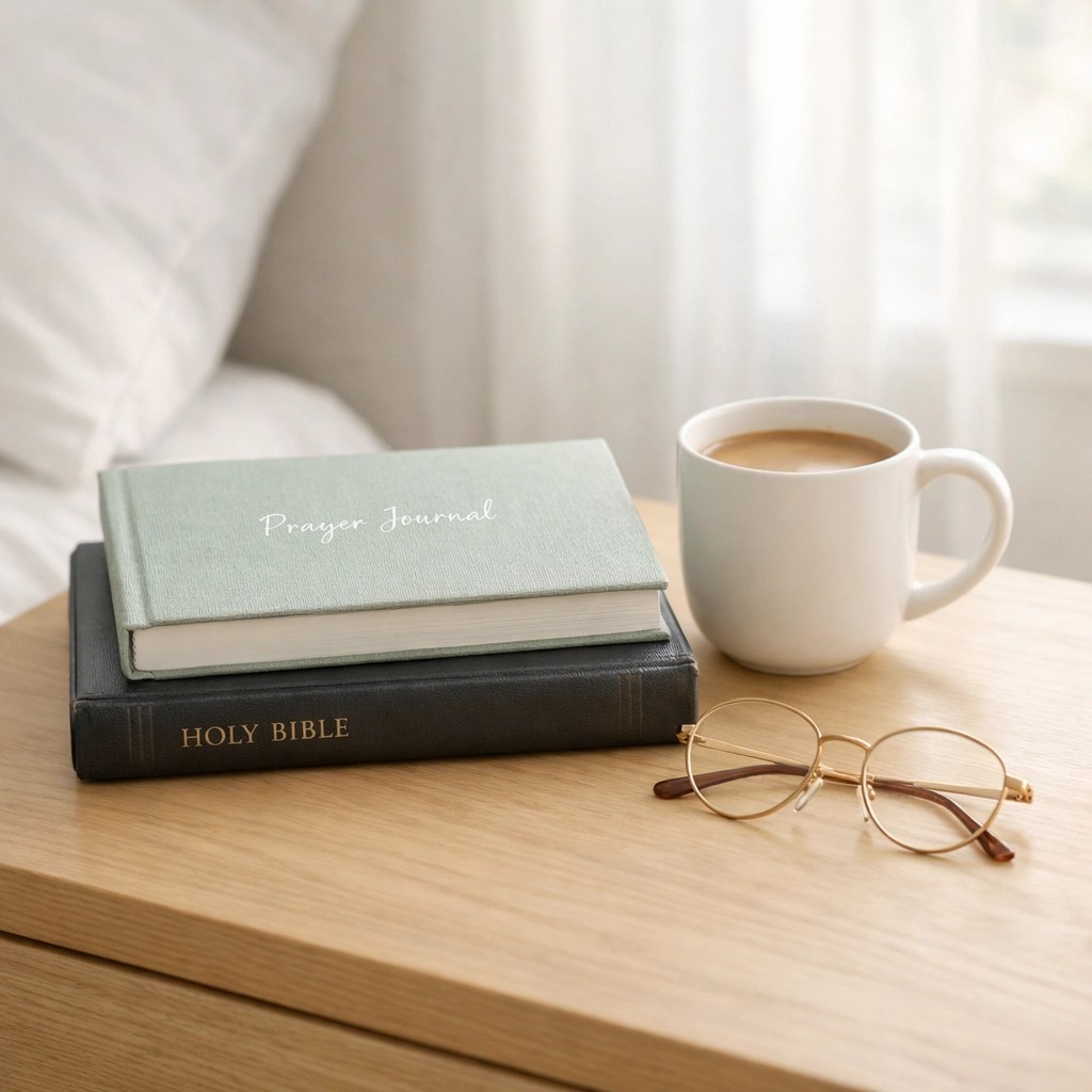 A morning devotional scene featuring a Bible and a pastel prayer journal on a sunny bedside table.