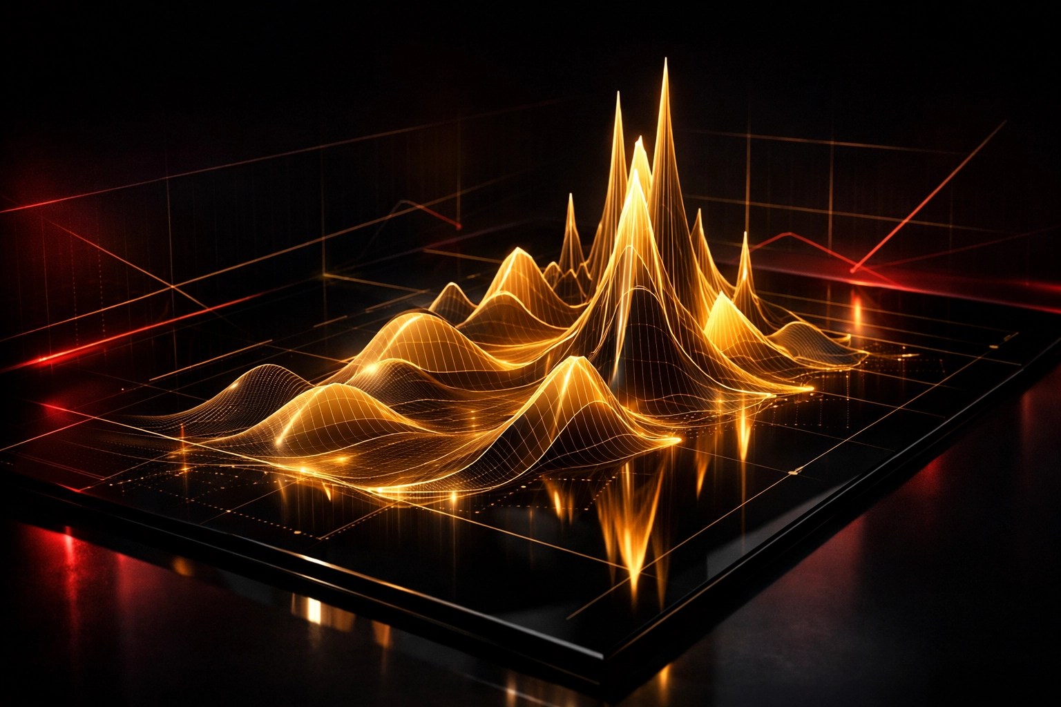 Quantitative risk analysis showing golden probabilistic modeling curves for executive decision-making.