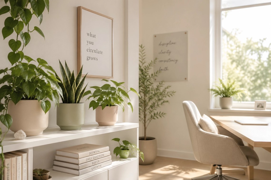 Sun-drenched office with thriving plants and journals, representing a life of prospering and circulating blessings.