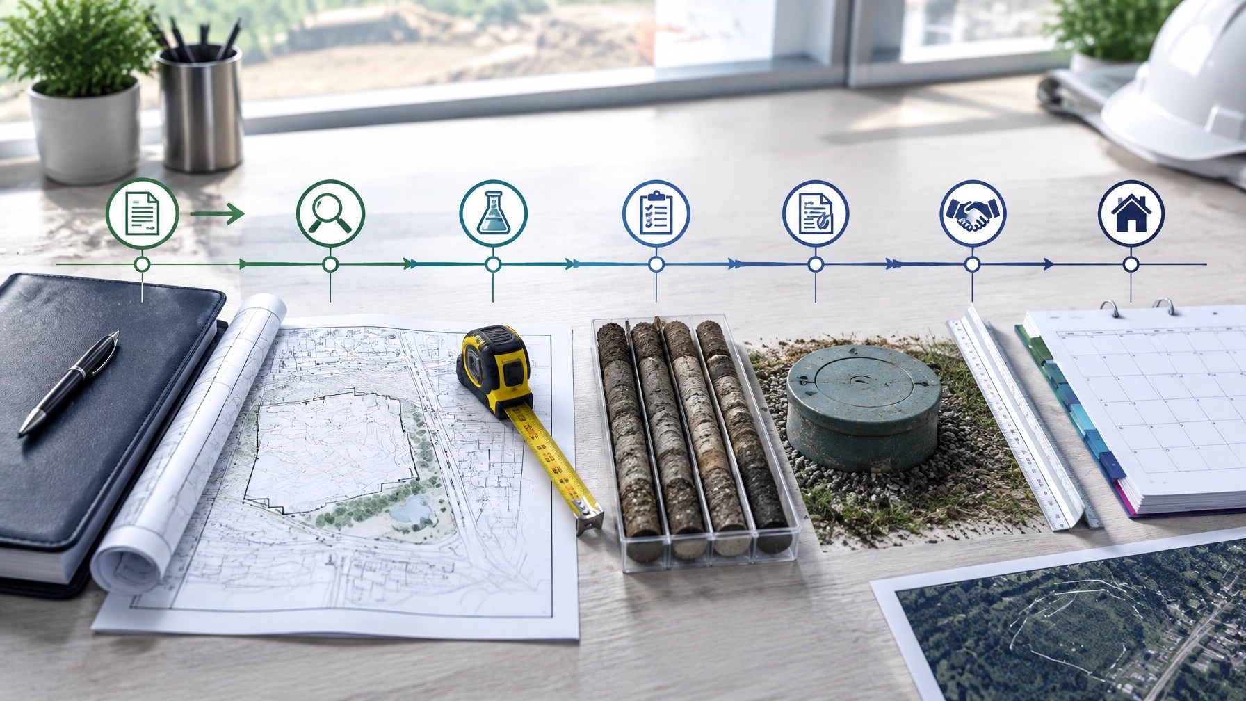 Environmental due diligence timeline with site plans, contract documents, and investigation materials