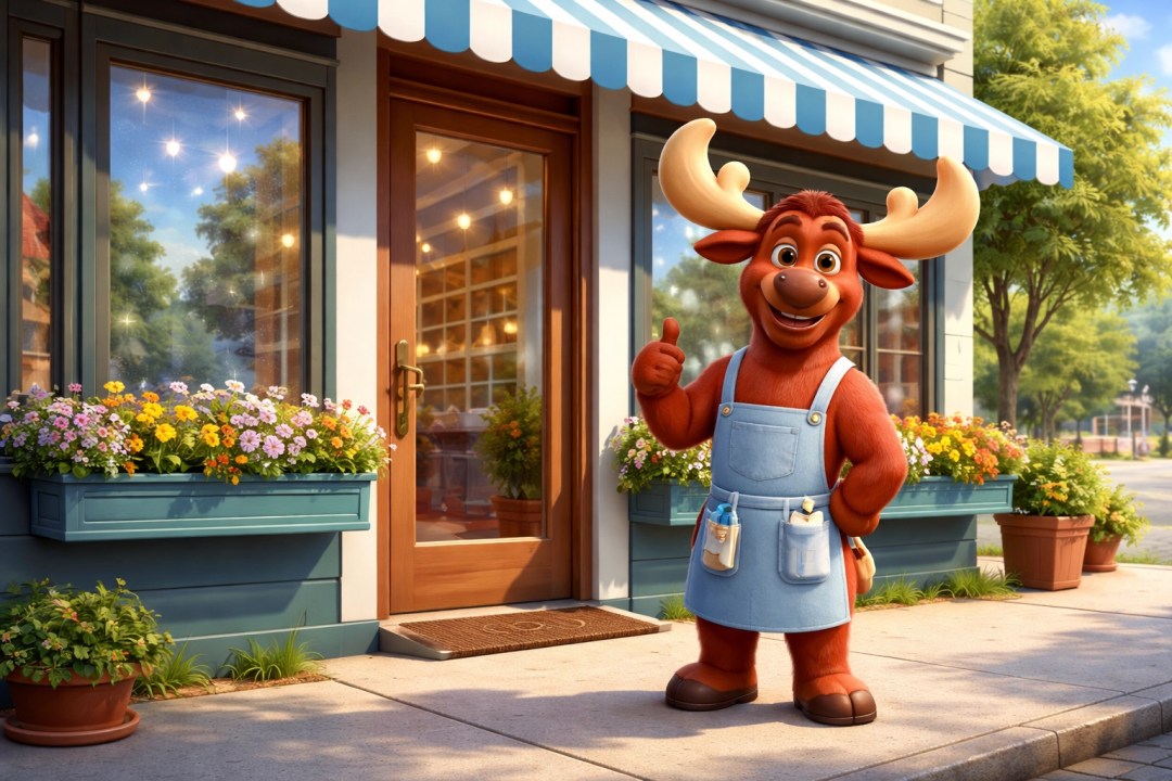 Clean storefront with sparkling windows and Red Moose mascot welcoming customers, showing professional business curb appeal.