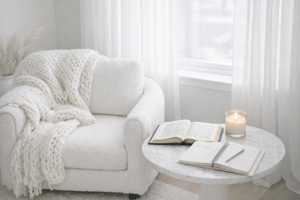 A cozy prayer corner featuring an open Bible, a study planner, and a candle for quiet reflection.