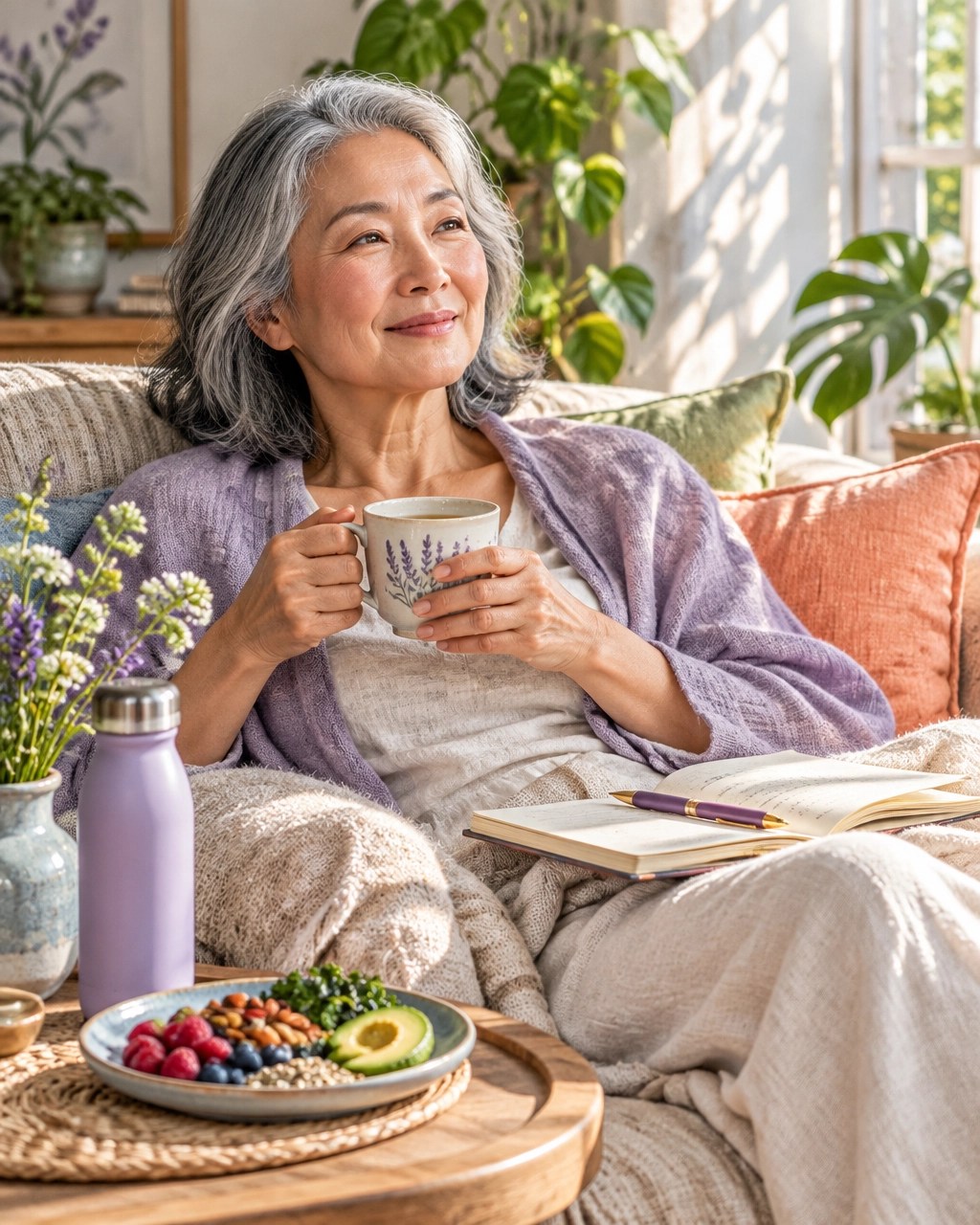 Older woman practicing gentle self-care with tea, hydration, journaling, and nourishing food