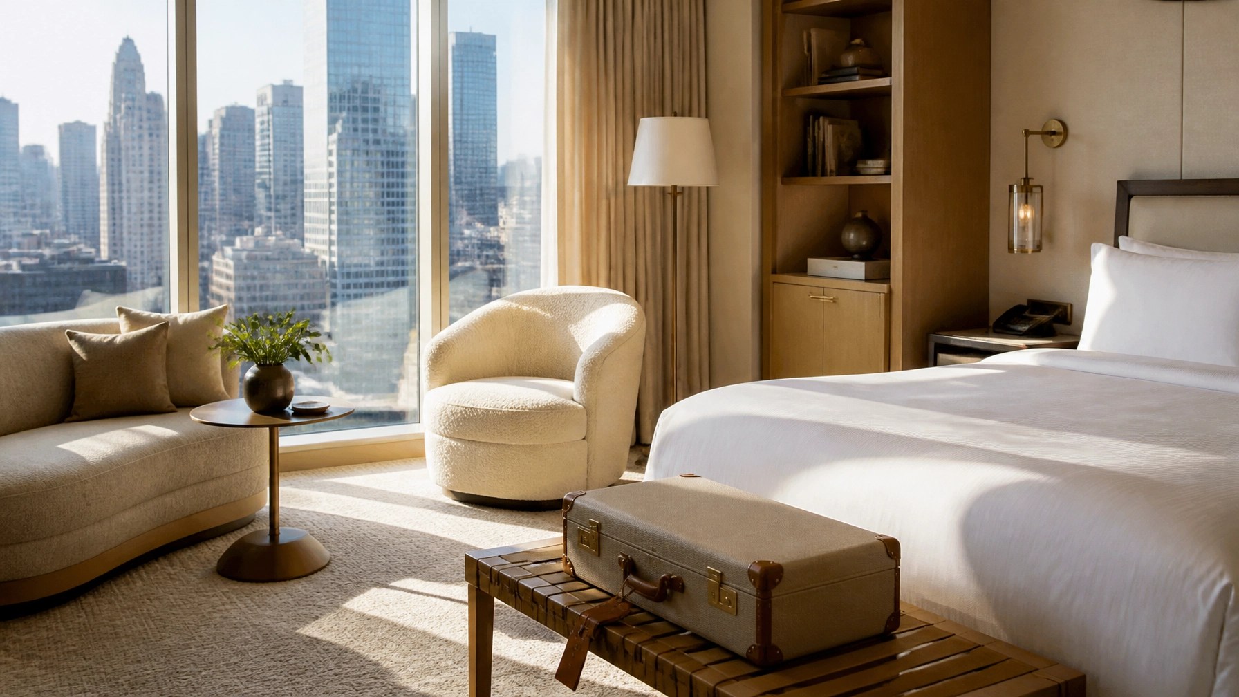 Elegant West Midtown hotel suite with city views and warm morning light