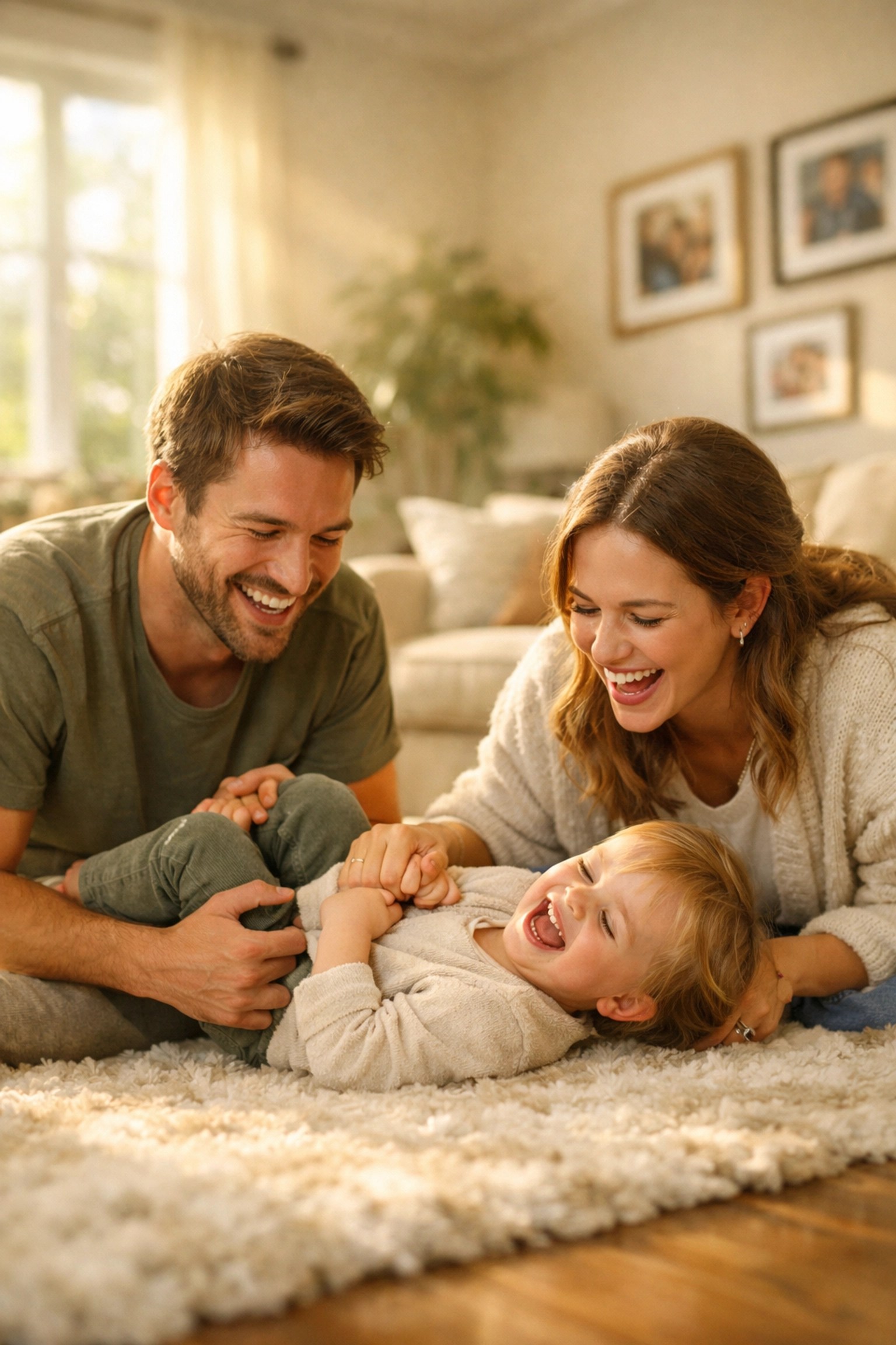 A happy family playing in their sunlit home, protected by a secure mortgage insurance policy.