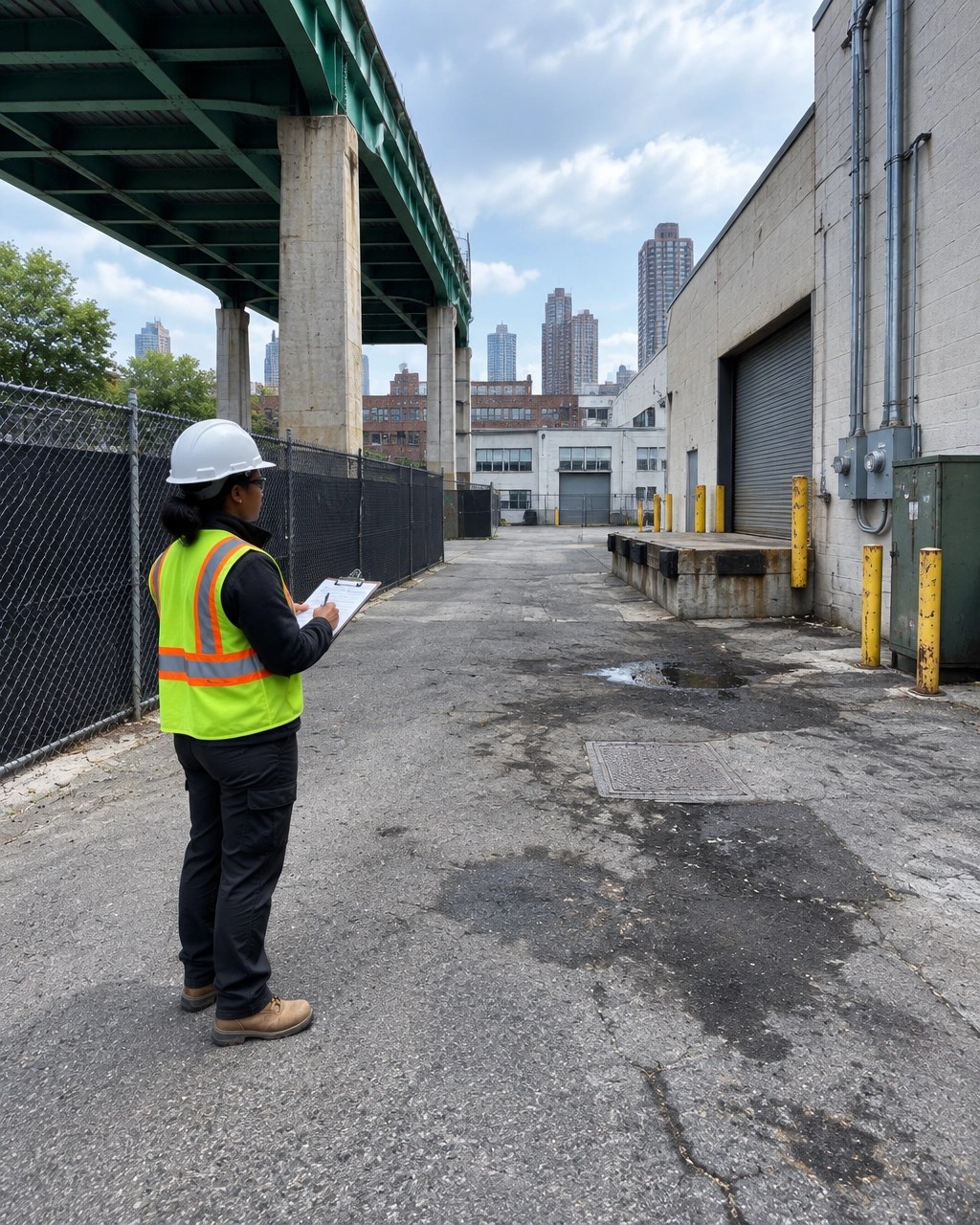 Environmental professional reviewing current site conditions beside a Brooklyn commercial property