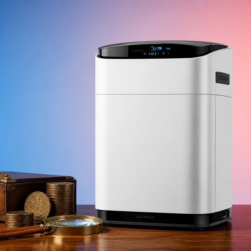 Close-up of a modern ActivePure air purifier next to auction-grade coins.