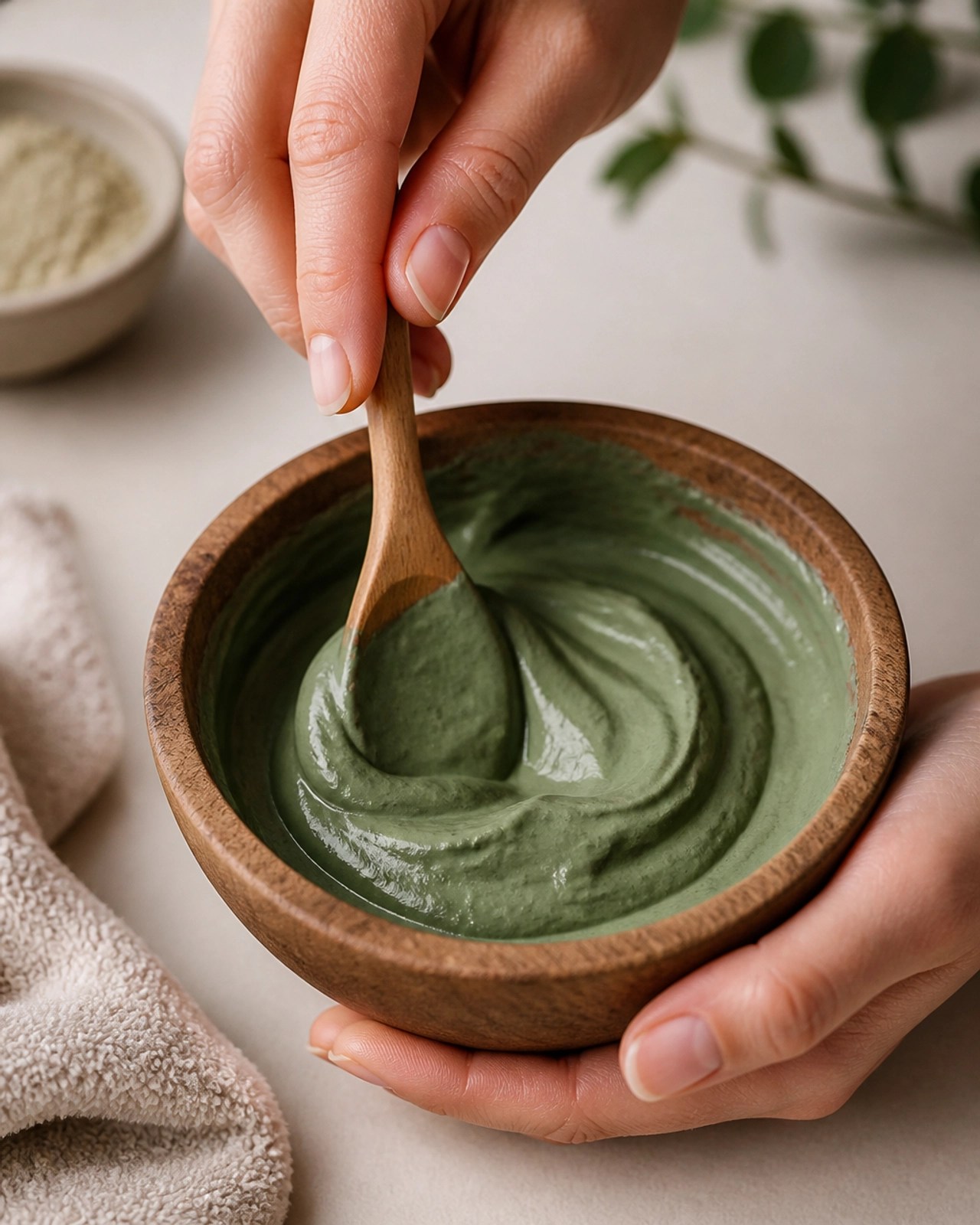 Mixing a fresh green clay paste for recovery
