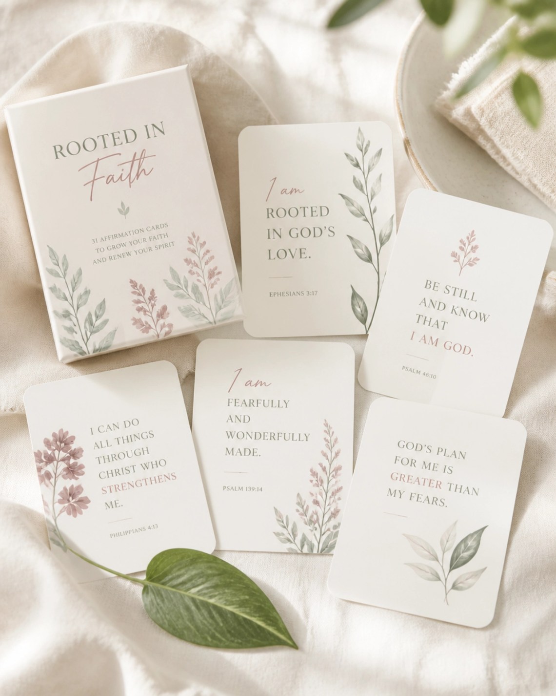 Faith-based affirmation cards with botanical illustrations, representing the organic growth of a well-tended spiritual garden.