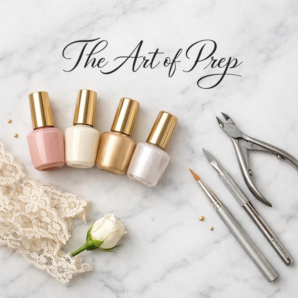 Professional bridal nail artist workspace with luxury neutral polishes and manicuring tools.