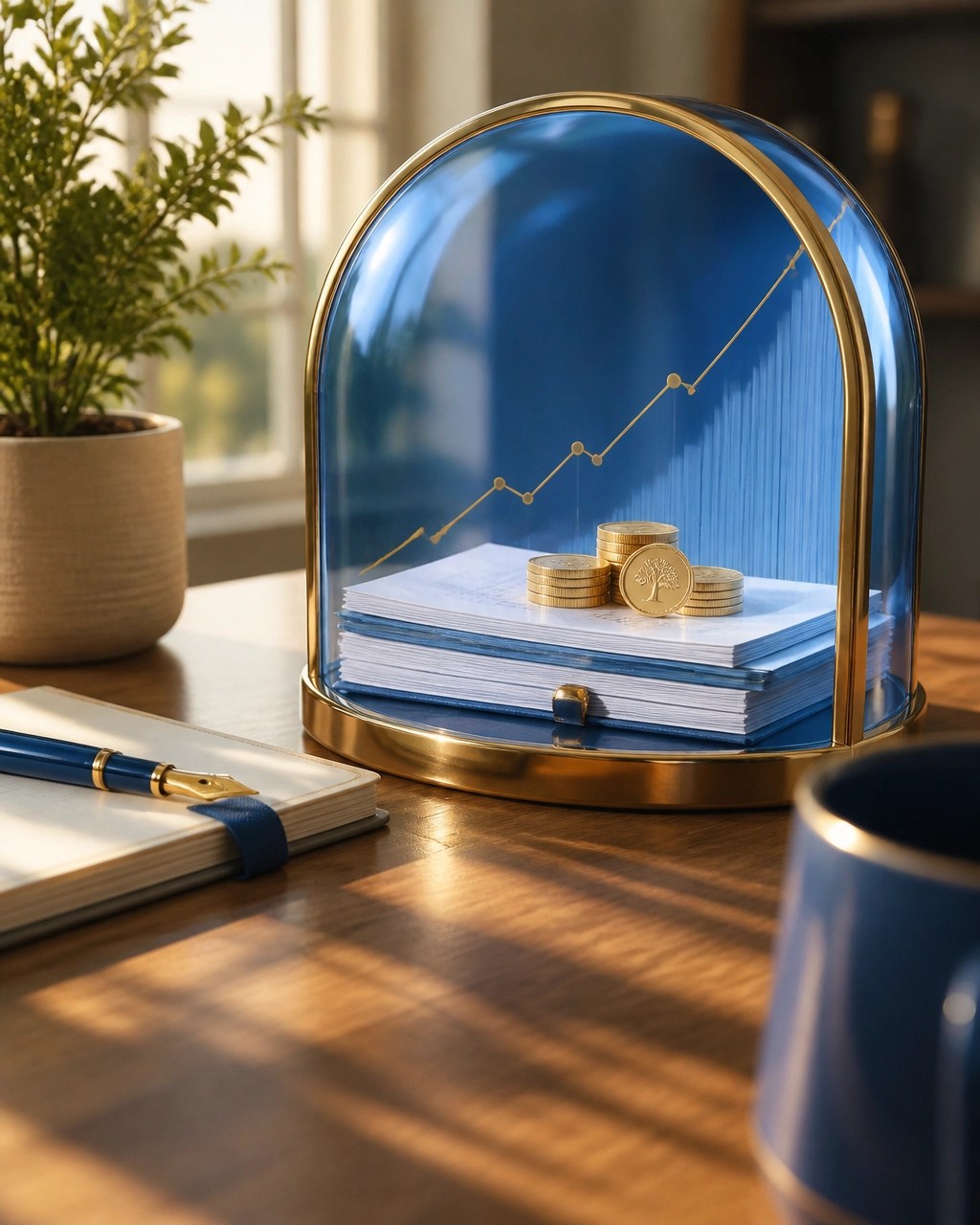 Conceptual close-up of protected retirement funds with blue and gold financial planning details