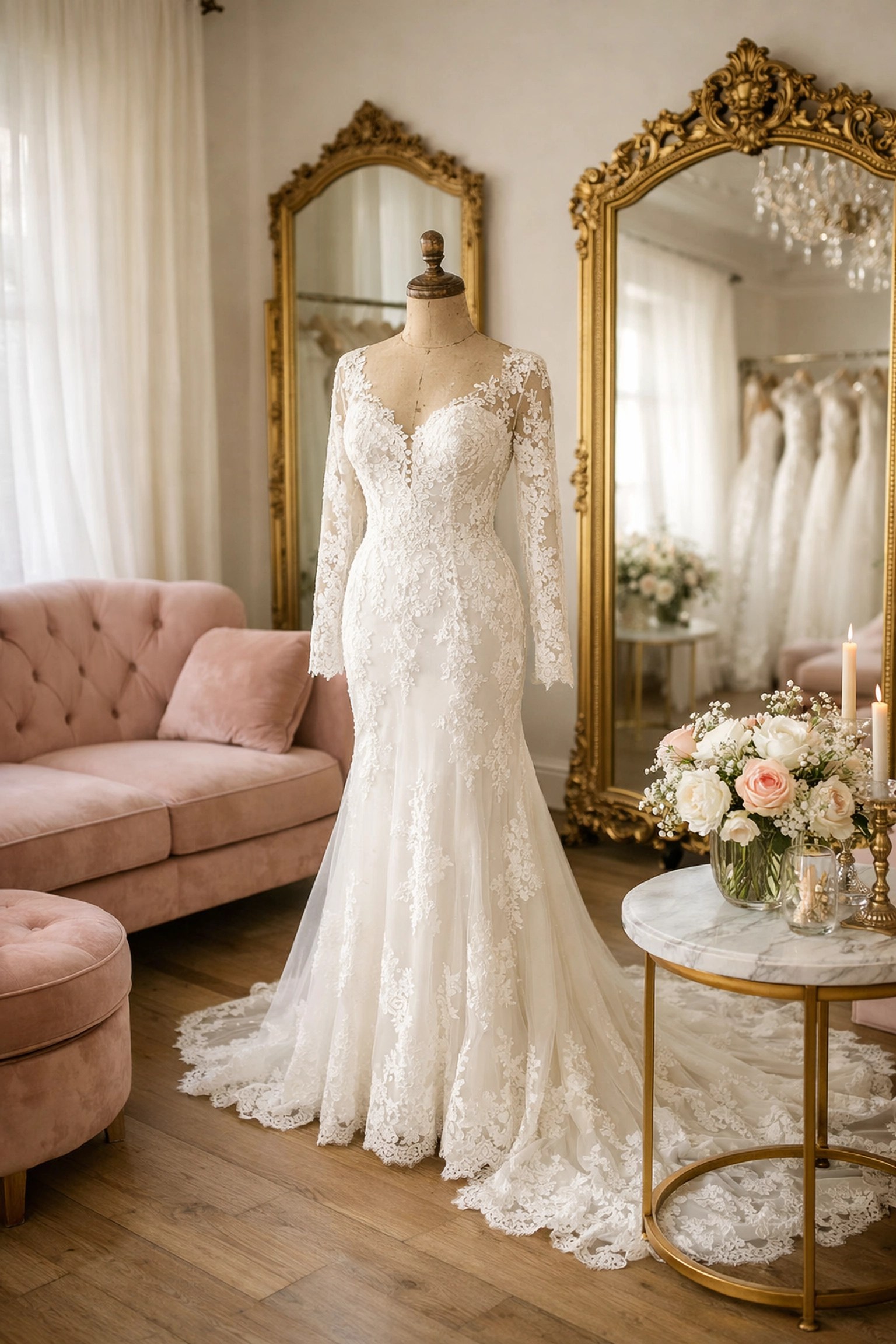 Elegant Kent wedding dress boutique interior with designer gown on display