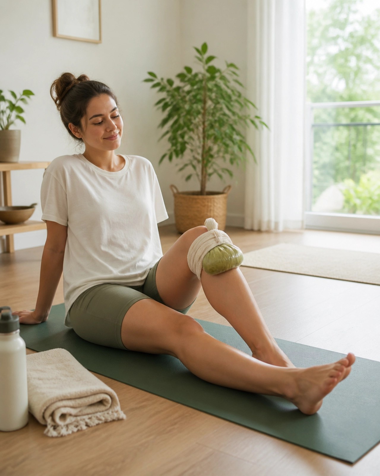 Person relaxing with a green clay poultice on their knee