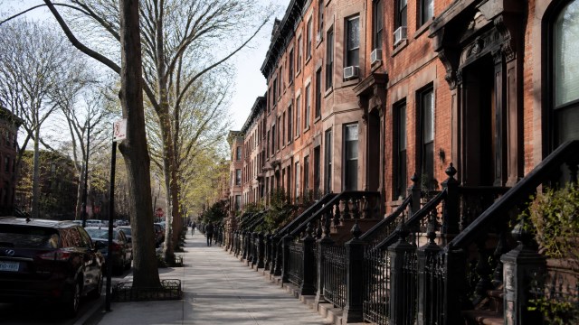 A quiet residential street in Brooklyn New York under soft natural daylight