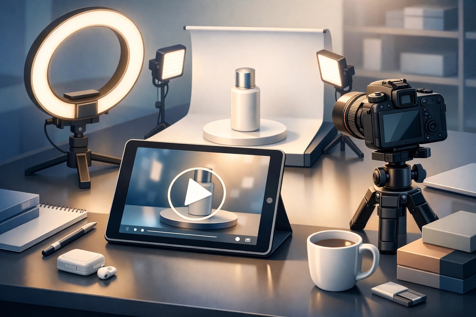 Professional product video production setup with camera, lighting, and equipment for e-commerce