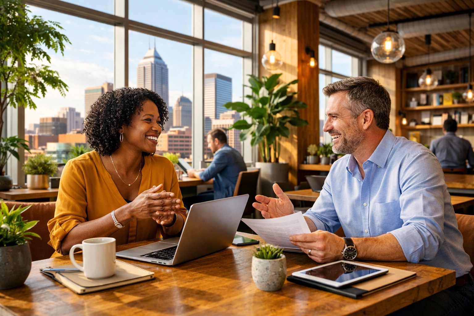 Two diverse business owners collaborating in a sunlit Indianapolis coworking space to scale their local business.