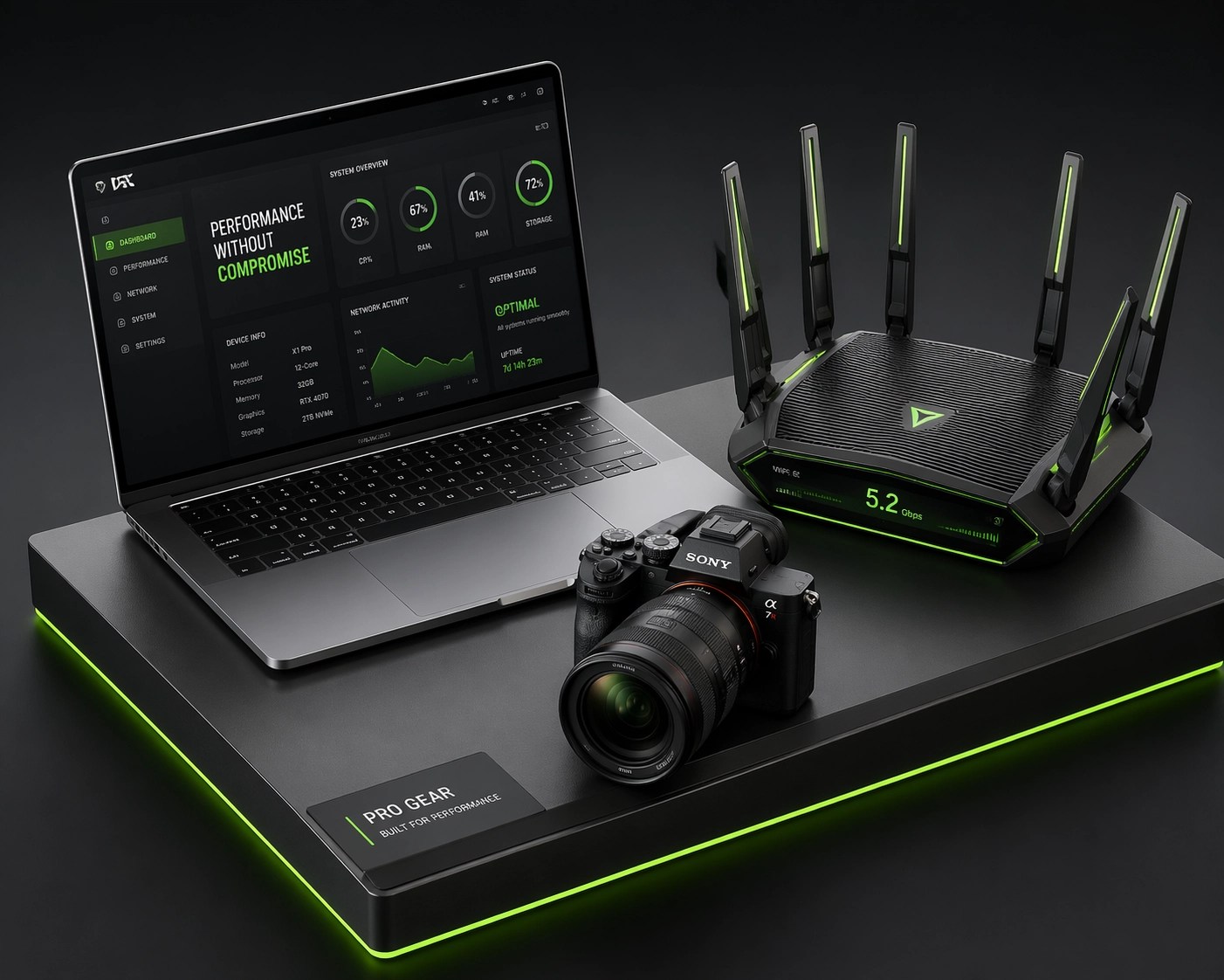 Essential business technology gear including a high-performance laptop, camera, and network router.