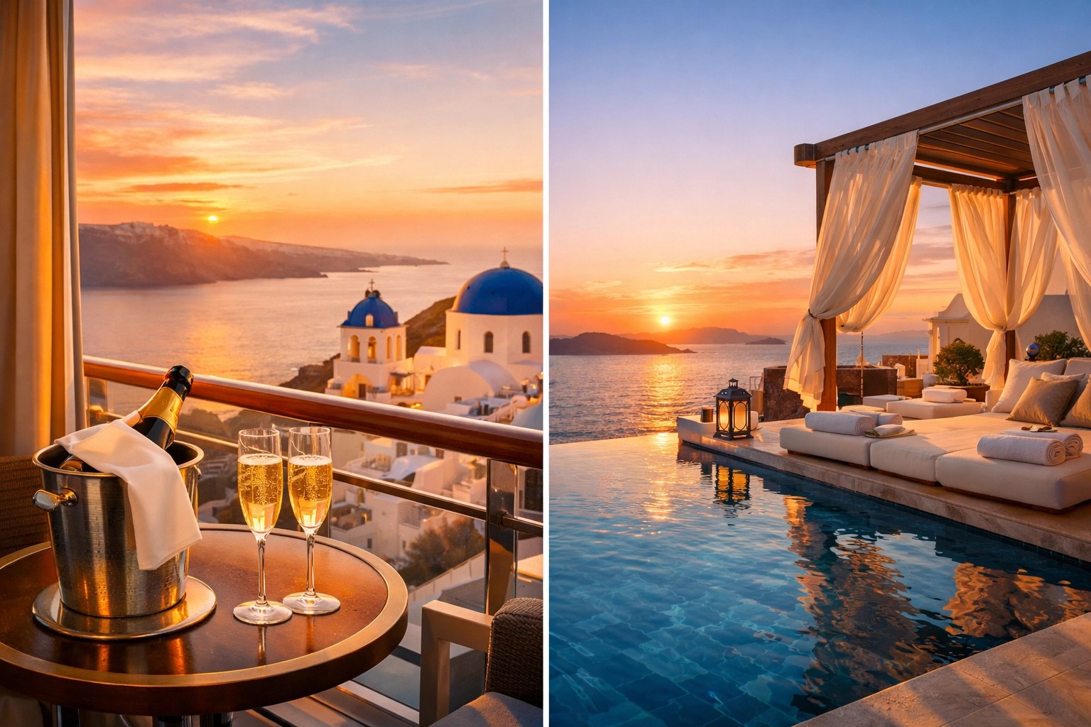 Mediterranean cruise balcony suite and luxury resort infinity pool side-by-side honeymoon comparison