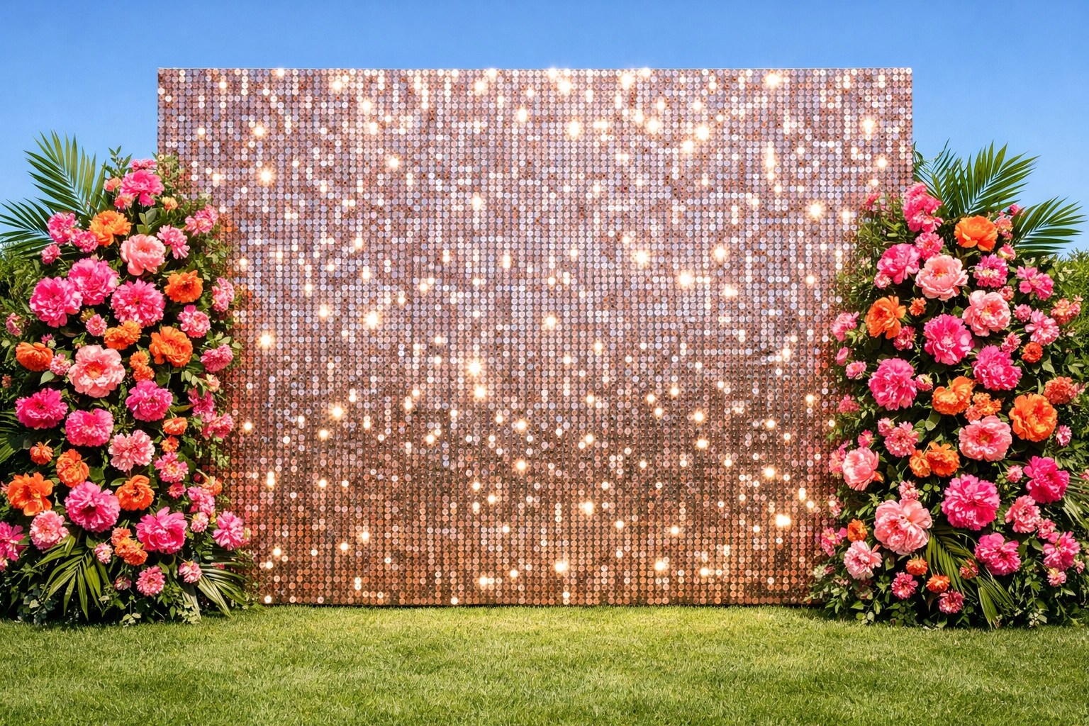 Elegant outdoor photo booth with a rose-gold sequin backdrop and floral decorations for an event.