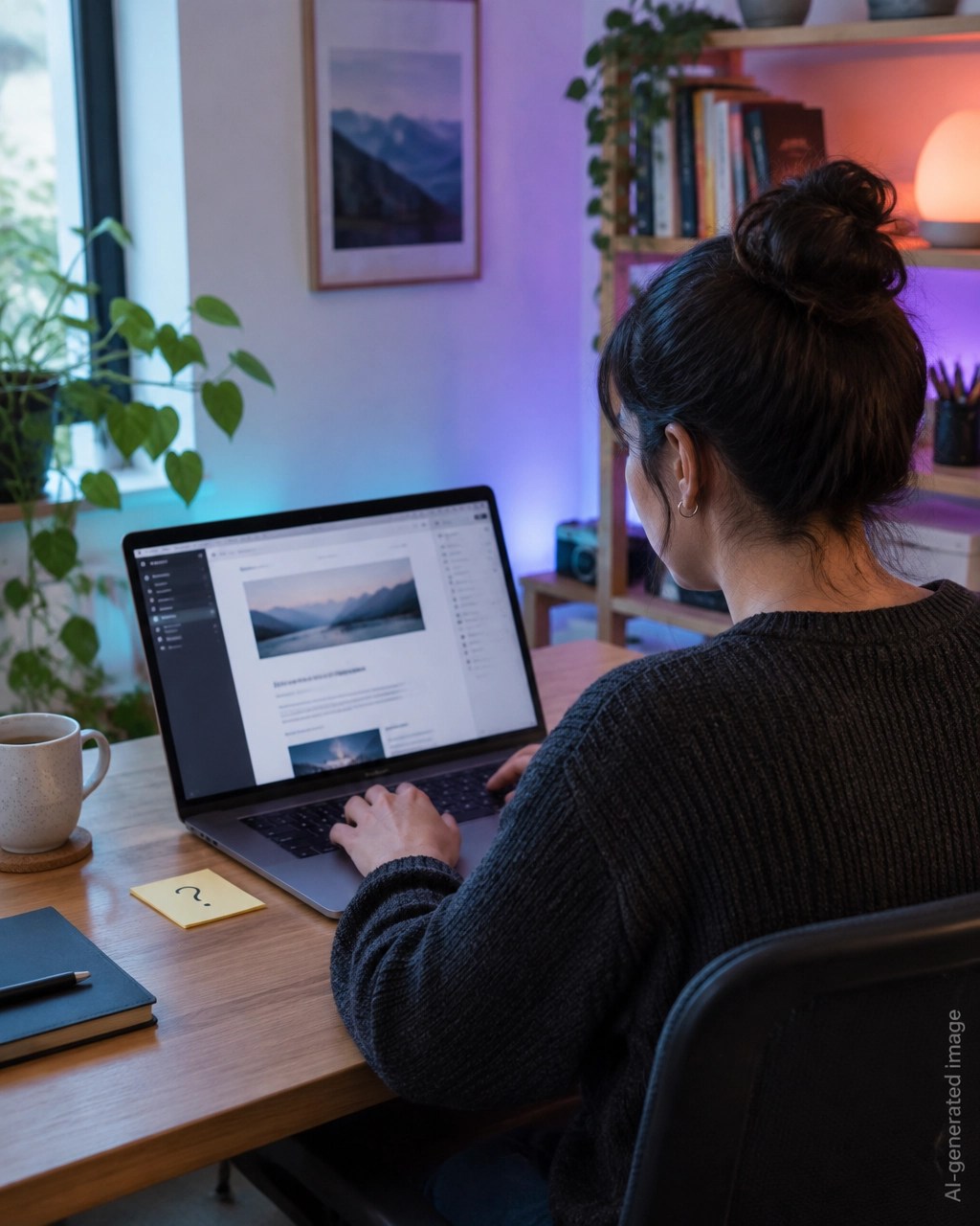 Indie hacker editing a webpage on a laptop viewed from a natural side angle