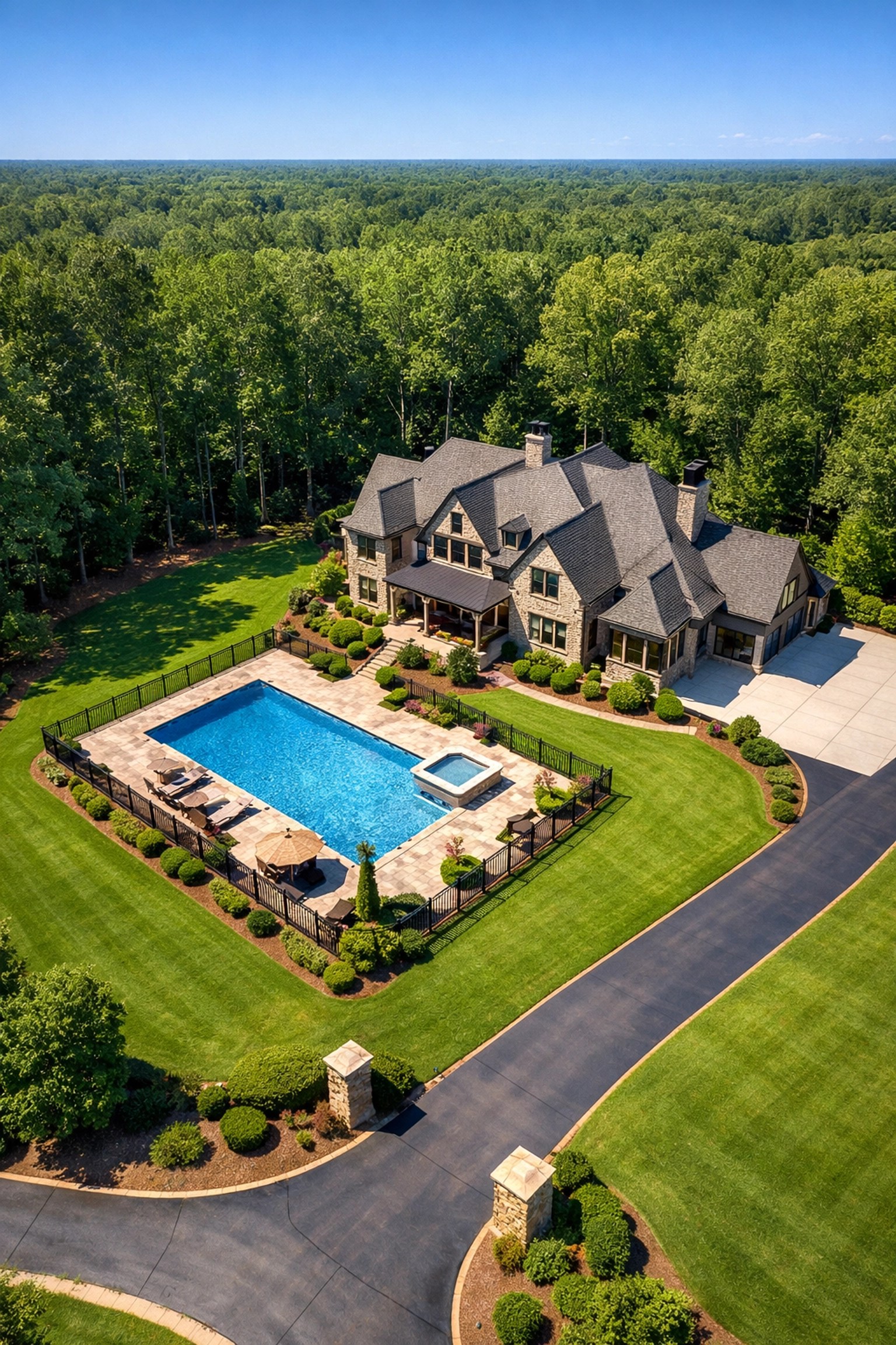 Drone view of a well-maintained Milton GA estate with a code-compliant pool fence for home insurance.