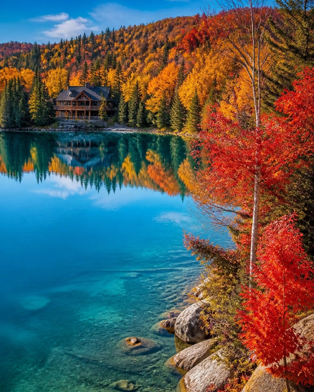 Bright autumn foliage reflected in a calm turquoise Canadian lake beside a discreet wooden lodge