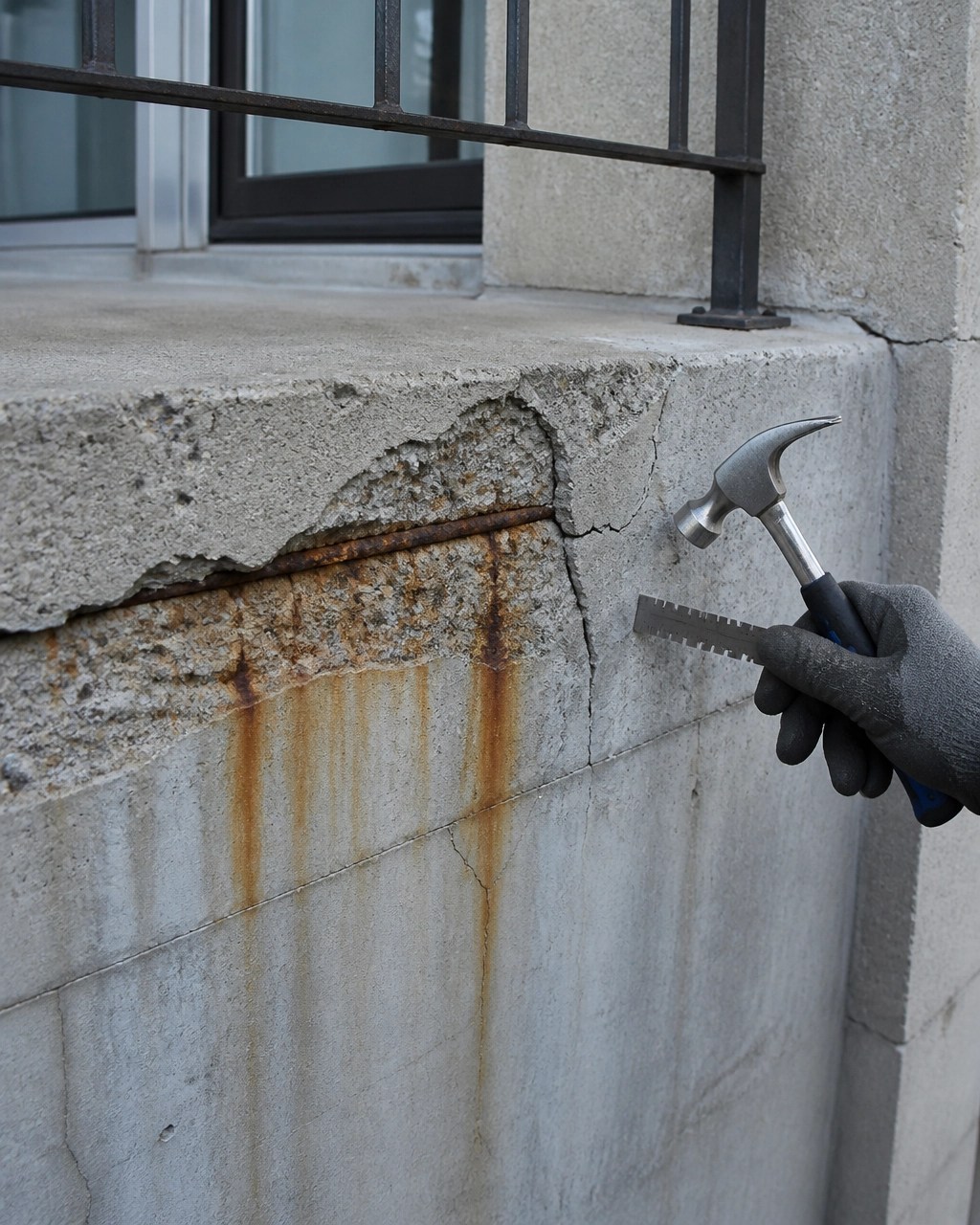 Structural engineer documenting concrete cracking, corrosion, and balcony conditions during a New Jersey condominium inspection