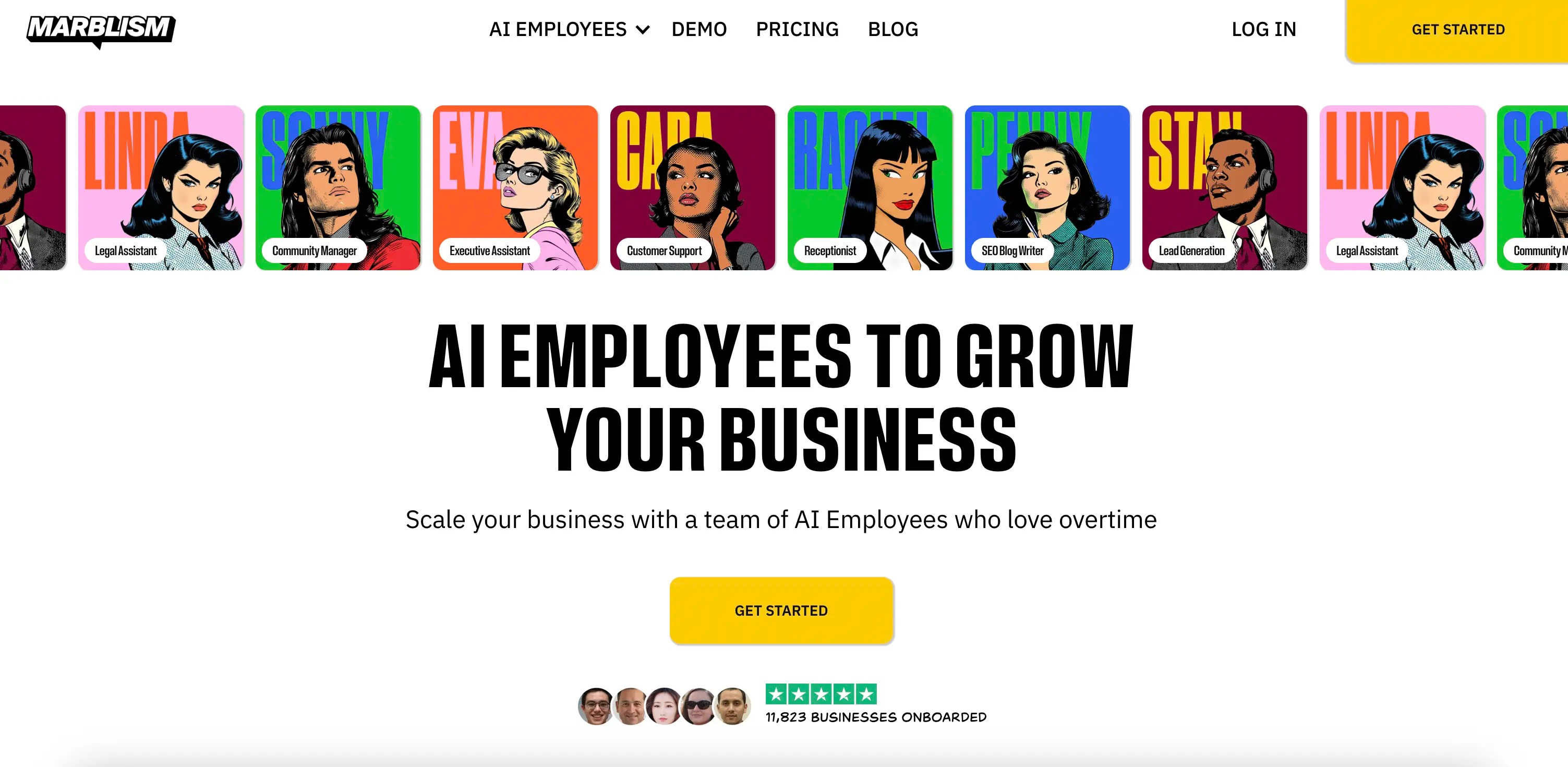 The Marblism platform landing page showing AI employee options