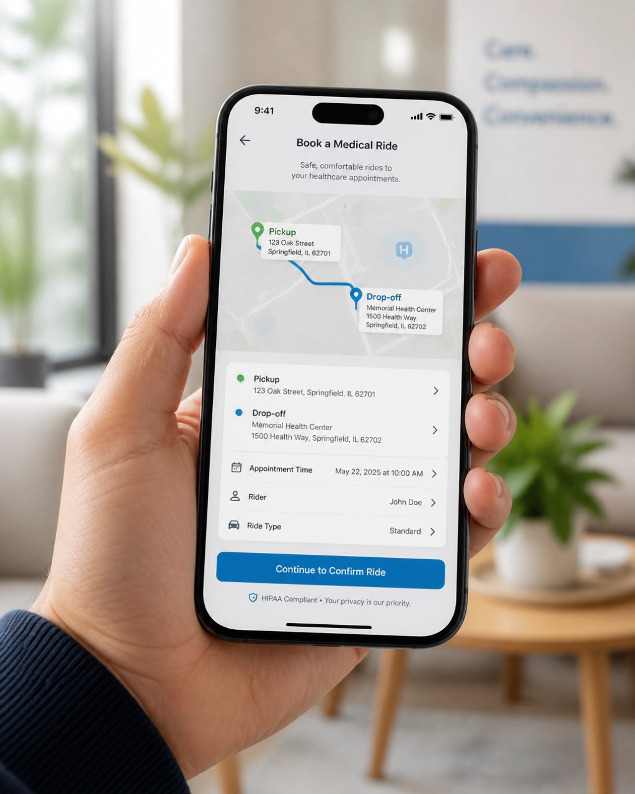A hand holding a smartphone showing a medical ride booking app