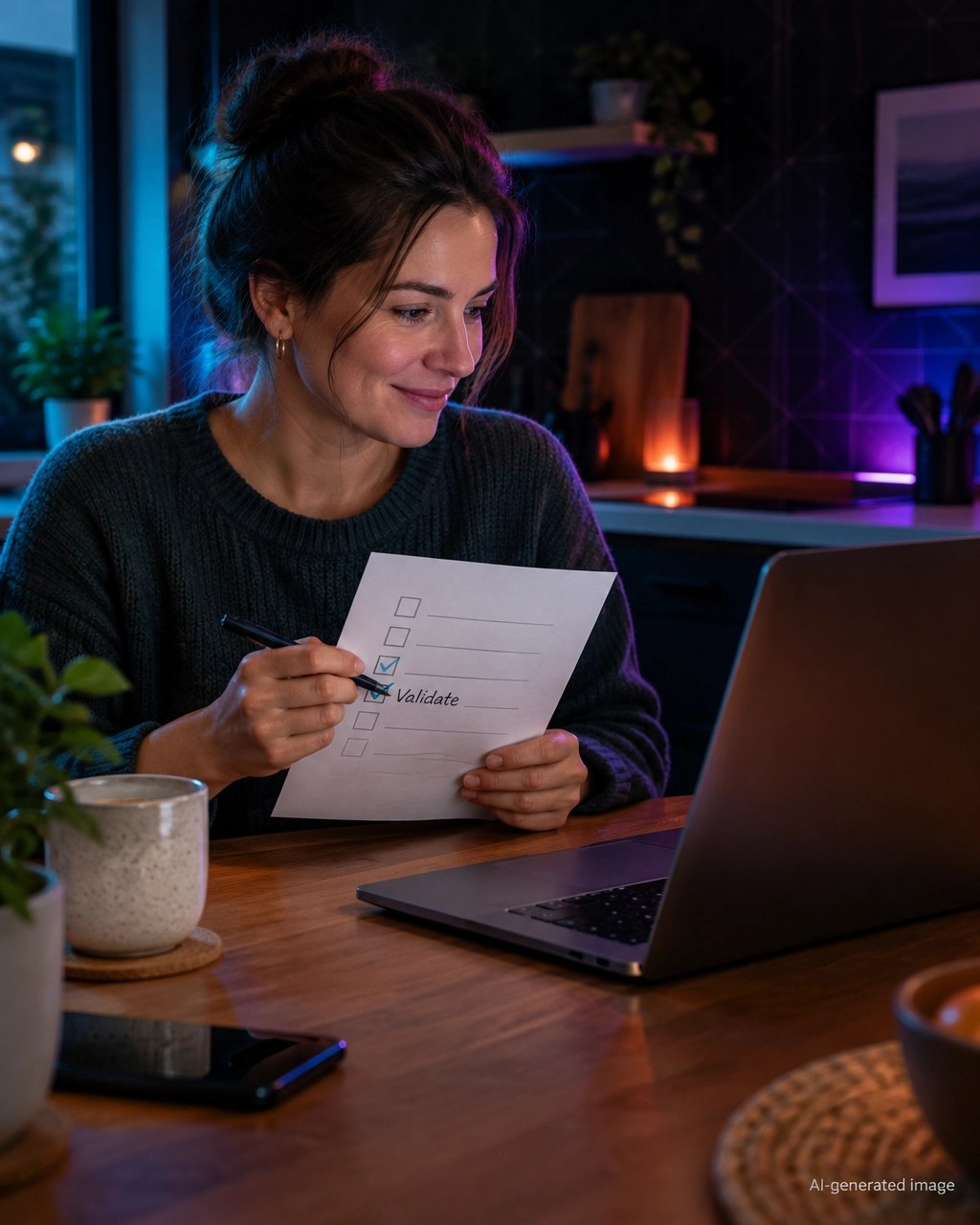 A non-technical marketer checking a website implementation checklist beside a laptop