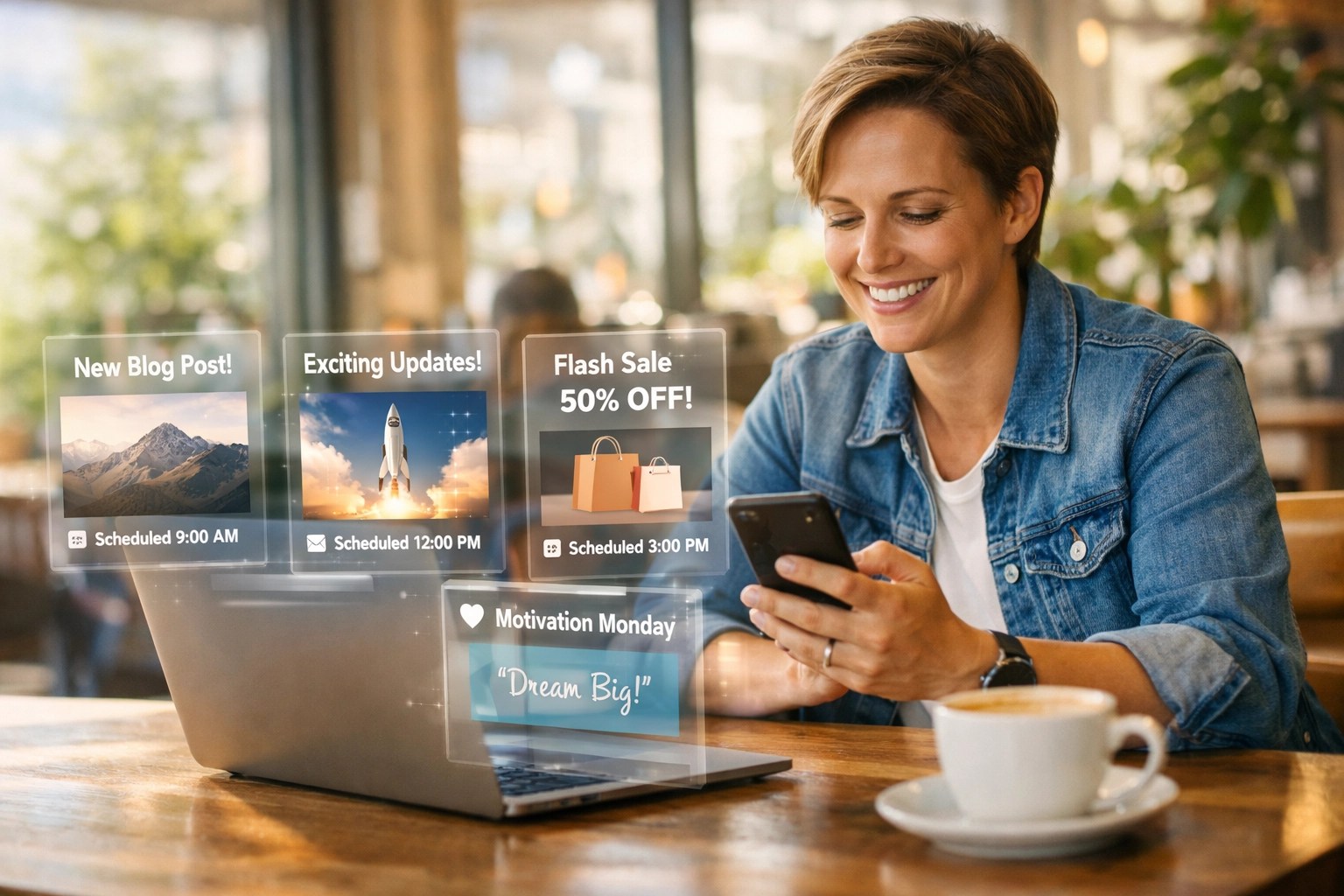 Entrepreneur scheduling social media posts using automation tools at coffee shop