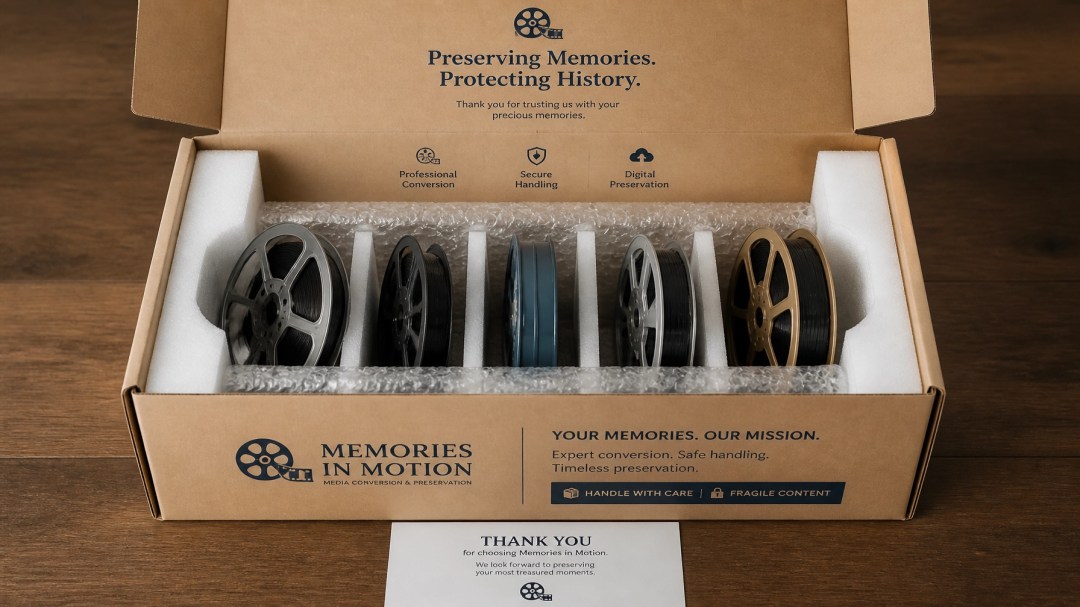 A professional packaging box with secure packing materials and vintage film reels