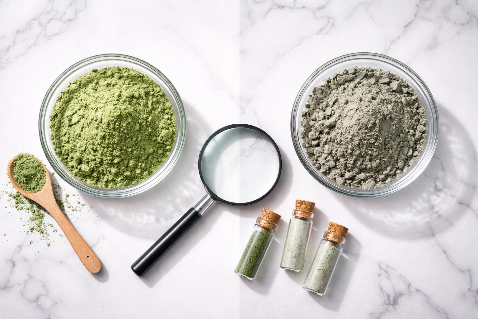 Comparing pure healing clay versus impure clay with laboratory testing supplies for quality assessment